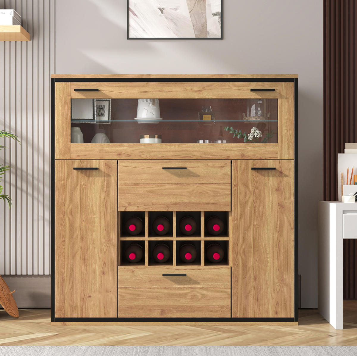 SIDEBOARD mit Weinregal 110 x 38 x 111 cm Holzoptik Schwarz - Braun, Holzwerkstoff (110/111/38cm) - Meubliv