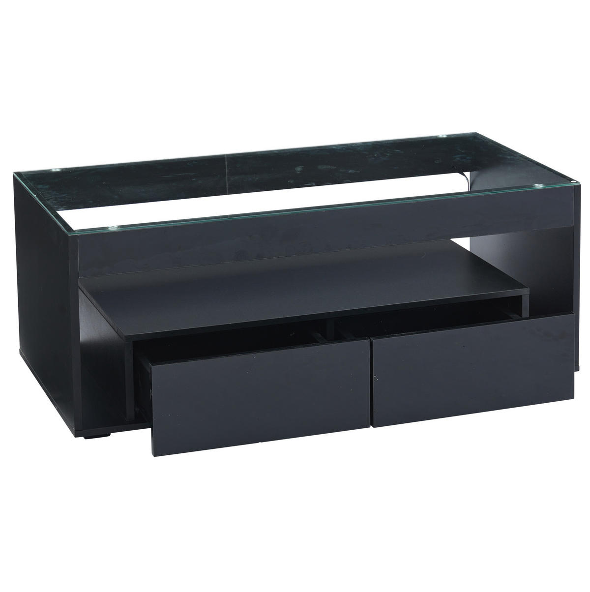COUCHTISCH aus Spanplatte und Glas 100x50x40 cm Schwarz mit LED-Beleuchtung und 2 Schubladen - Schwarz, Holzwerkstoff (100/50/40cm) - IVMEU