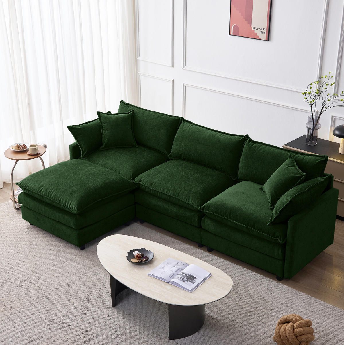ECKSOFA mit Hocker, modulares 3-Sitzer-Sofa aus Chenille mit Federkern und Massivholzgestell, Grün - Grün, Textil (267/154cm) - Redom