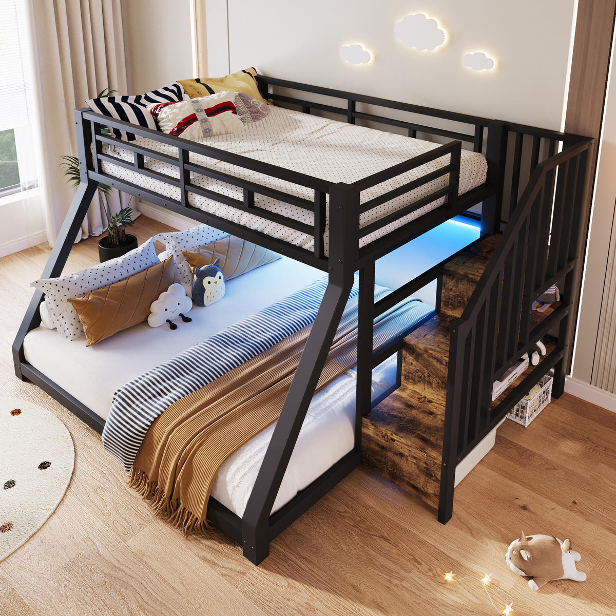 ETAGENBETT 90/200 cm & 140/200 cm in Schwarz mit LED und 3 Staufächern - Schwarz, Holzwerkstoff/Metall (90/200cm) - WISHDOR