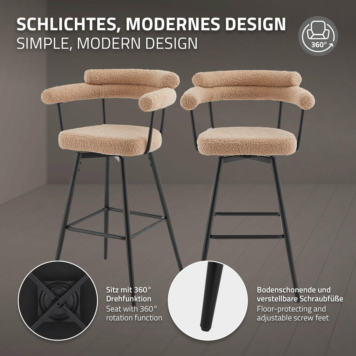 BAROVÁ ŽIDLE, sada 2 ks, otočná, hnědá s plyšovým potahem, výška 76 cm - černá/hnědá, kov/textil (61/103/55cm) - ML-DESIGN