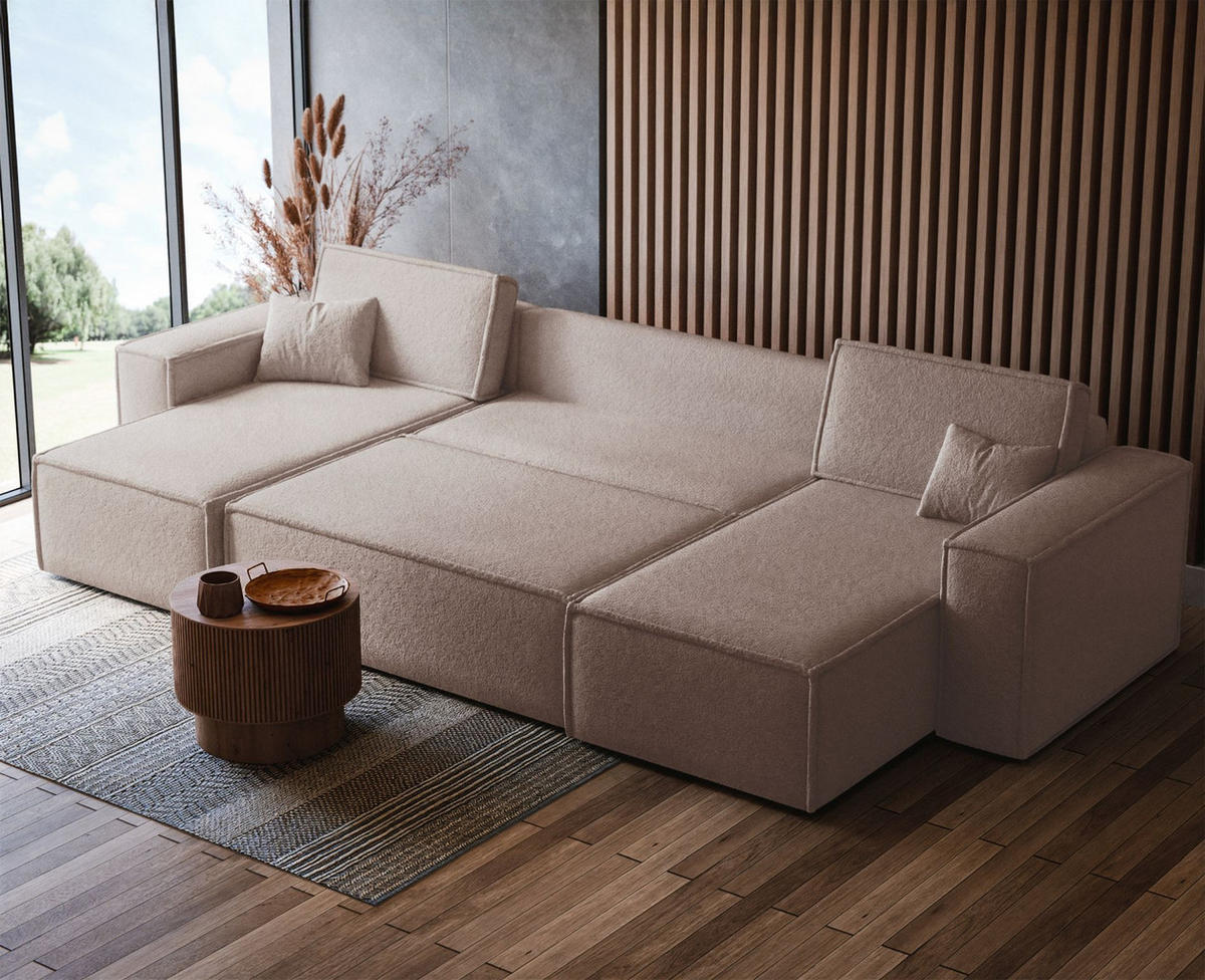 WOHNLANDSCHAFT Scarlo Hellbeige Bouclé-Bezug - Ecru/Schwarz, Kunststoff/Textil (312/83/145cm) - Selsey