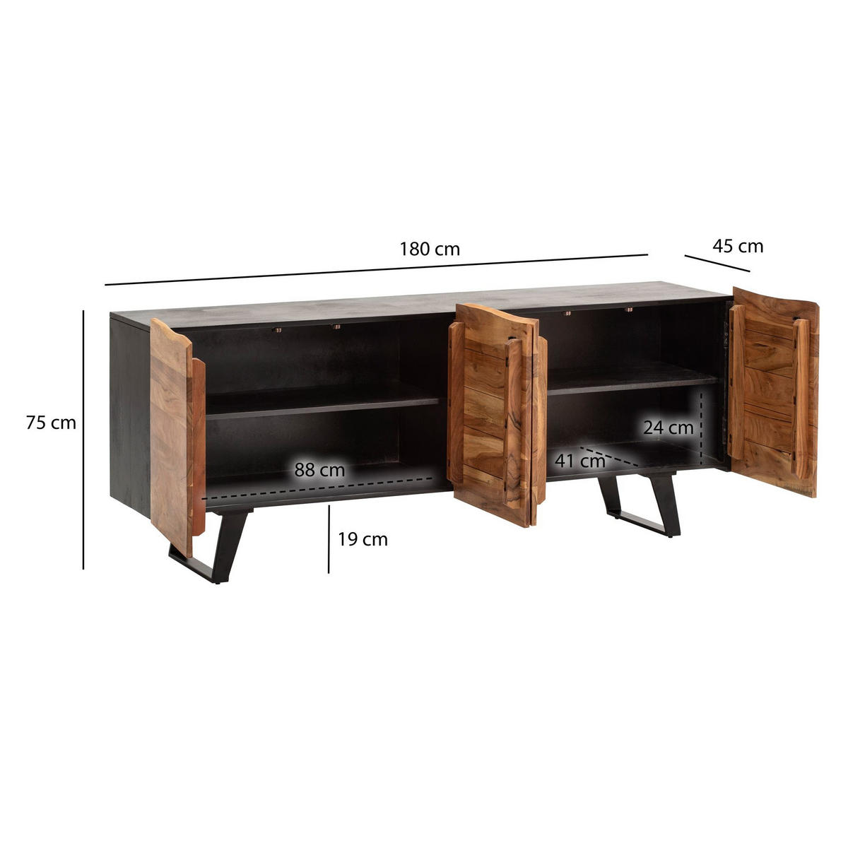 SIDEBOARD – Akazie Massivholz, 180x75x45 cm, mit Baumkante, Türen, Metallbeine - Schwarz, Holz/Metall (180/75/45cm) - KADIMA DESIGN