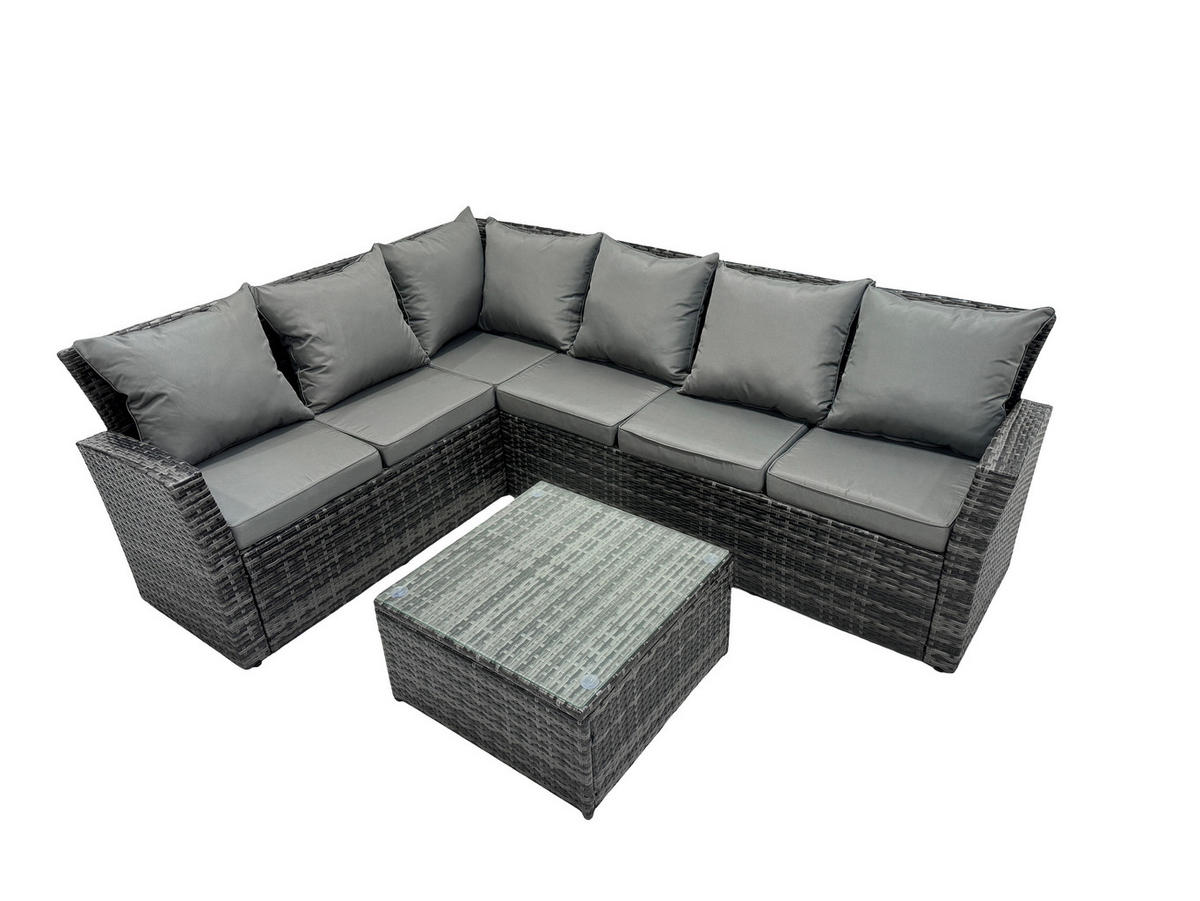 GARTENMÖBELSET linke Ecke Polyrattan Dunkelgrau 6-Sitzer - Dunkelgrau/Grau, Glas/Kunststoff - Fimous