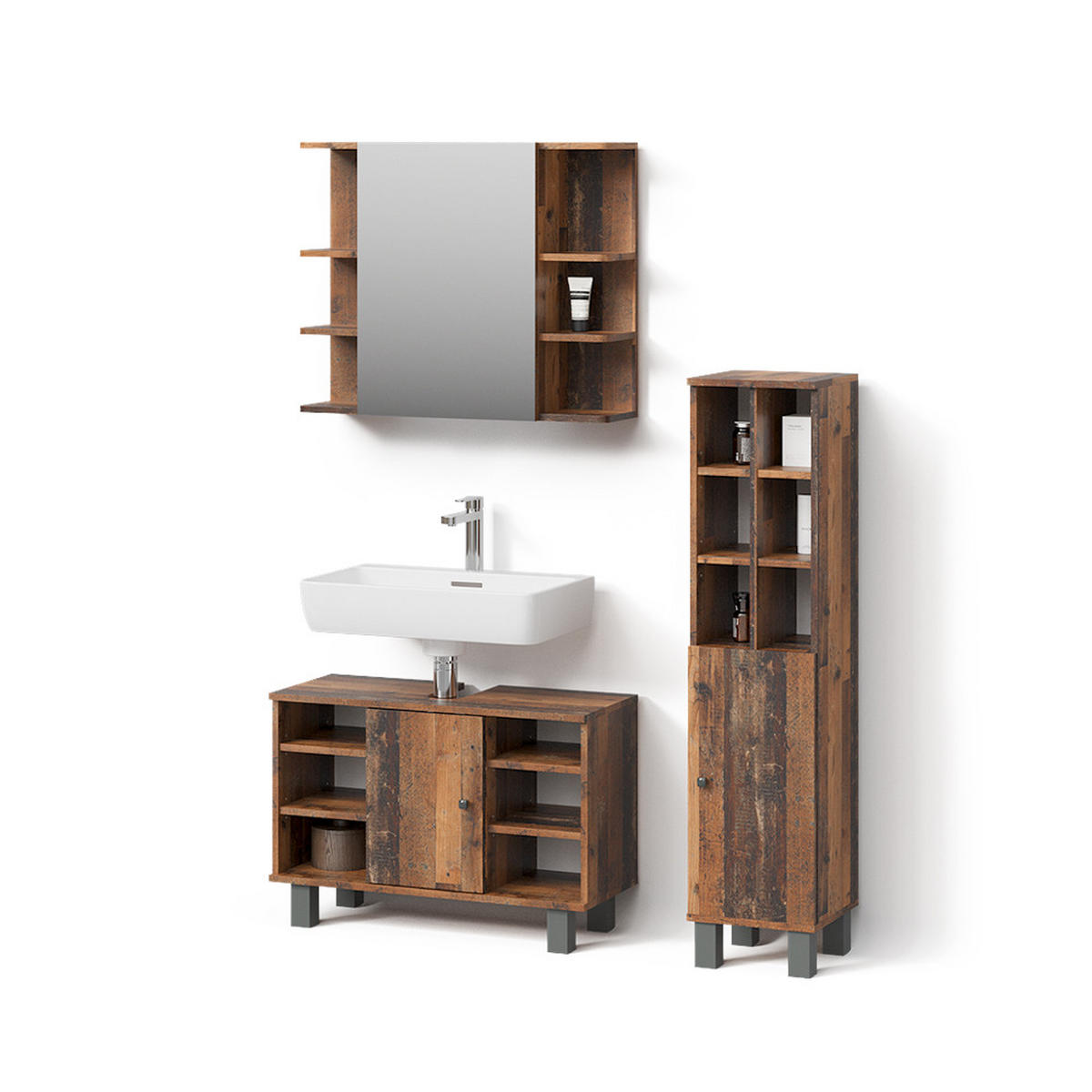 BADMÖBEL-SET Fucino Eiche rustikal 3 Teile, mit Midischrank Tür groß - Wildeiche, Holzwerkstoff (80/54/32cm) - Livinity®