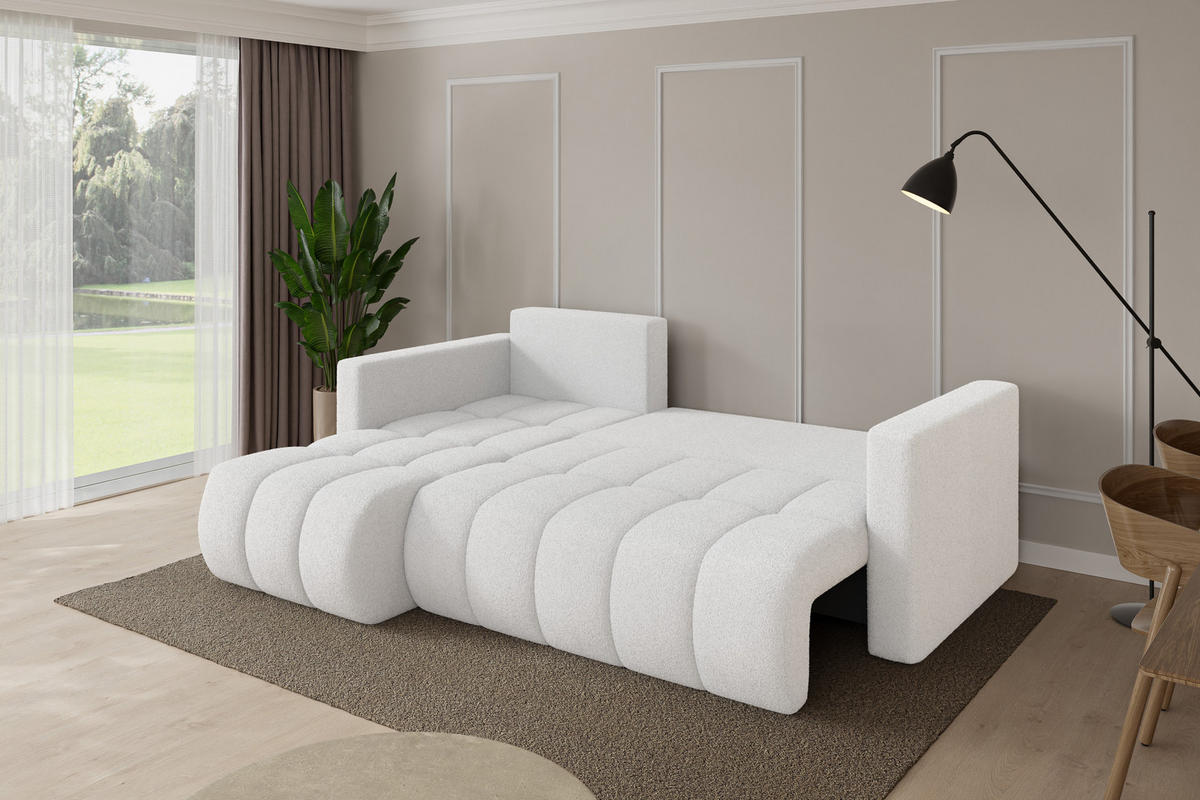 ROHOVÁ SEDAČKA s funkcí spaní, otoman vlevo GARD-L 226x146x85 bílá bouclé - bílá/černá, kompozitní dřevo/textil (226/146cm) - ALTDECOR