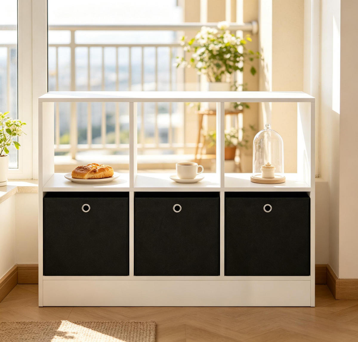 BÜCHERREGAL Weiß/Schwarz mit 3 Stoffschubladen 80/30/61 cm - Schwarz, Holzwerkstoff (80/61/30cm) - PANGIVO