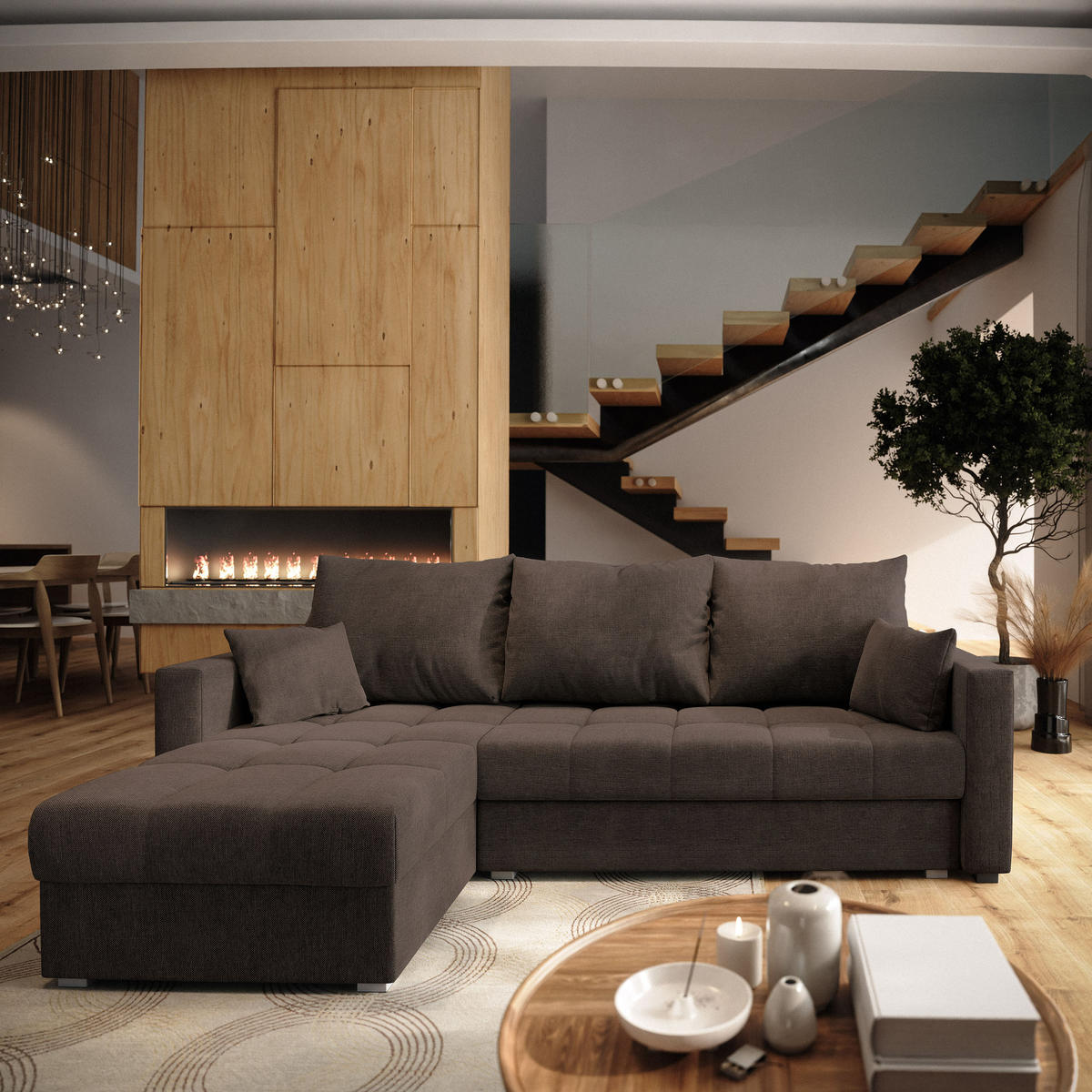 ECKSOFA NIDA Braun Geflochtener Stoff mit Schlaffunktion - Braun, Holz (220/143cm) - MASSENO