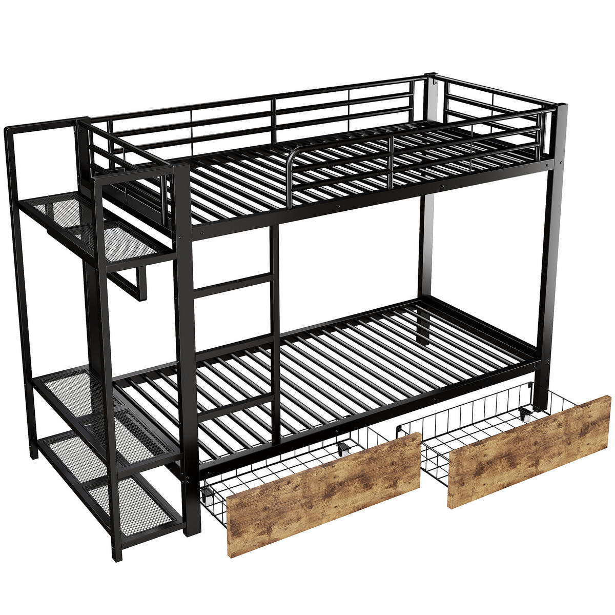 ETAGENBETT 90/200 cm aus Metall und MDF mit LED-Lichtleiste und Schubladen Schwarz - Schwarz, Metall (90/200cm) - Modenvie