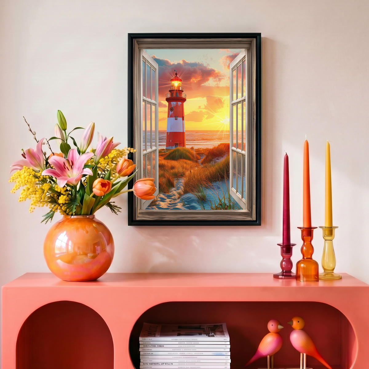 LEINWAND Bilder mit Rahmen - Aussicht - Fenster - Leuchtturm - Sonnenuntergang - Strand - 20x30 - Dunkelorange, Textil (20/30cm) - MuchoWow