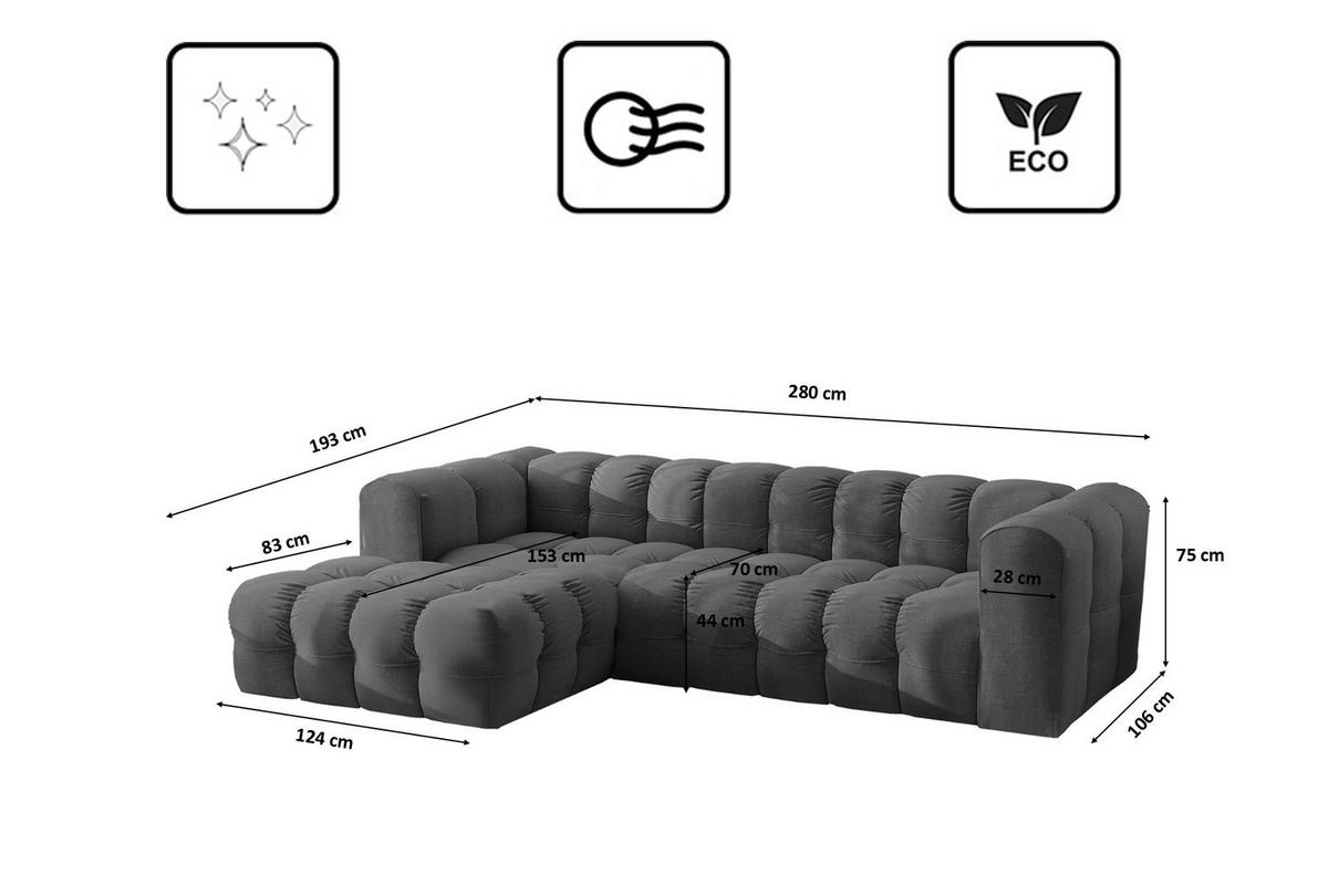 ECKSOFA L-form BALOO L, Chenille-Stoff Moly, Graphit, Links - Graphitfarben, Holz (280/193cm) - Kaiser Möbel