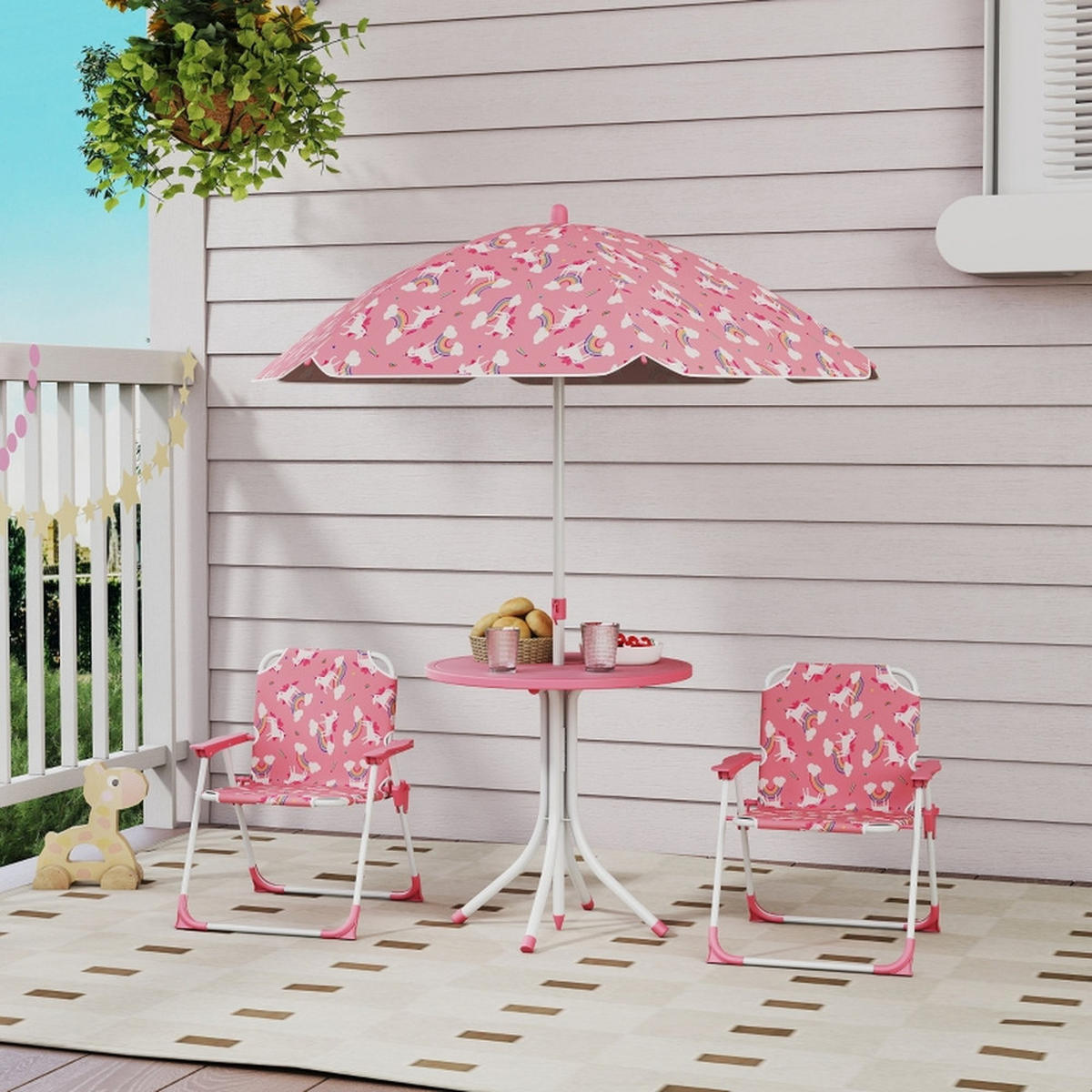 KINDER-GARTENMÖBEL 4-tlg Kindersitzgruppe Rosa mit Sonnenschirm Kindertisch und 2 Klappstühle - Rosa, Textil - Raelunyi
