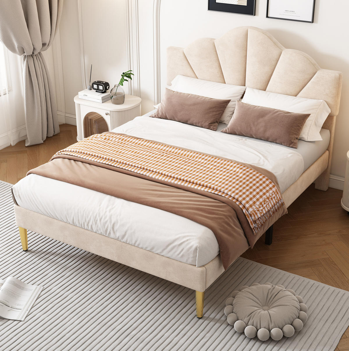 POLSTERBETT 140/200 cm beige aus Samt mit höhenverstellbarem Kopfteil - Beige, Textil (140/200cm) - OKWISH