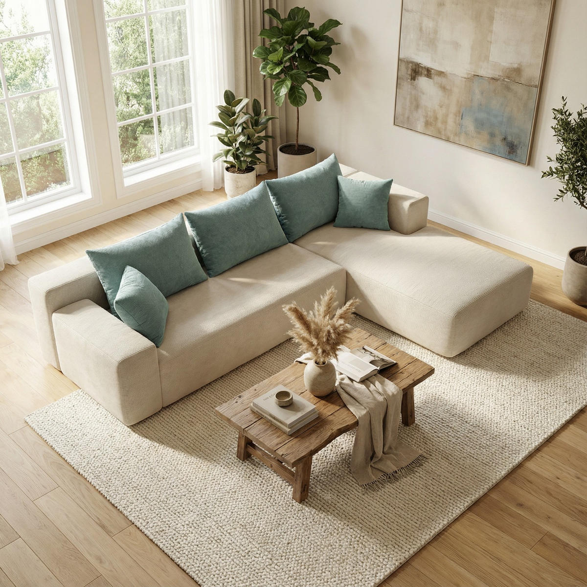 ECKSOFA Luna Weiß Salbei 3-Sitzer Rechts - Weiß, Textil (267/175cm) - COCO Living