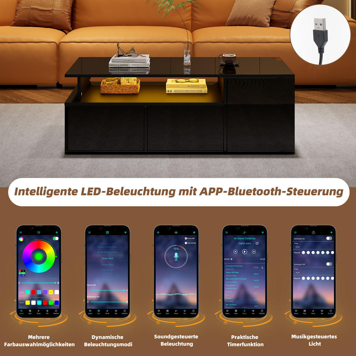 COUCHTISCH DE-141 mit LED Schwarz - Schwarz, Holzwerkstoff (50/100/35cm) - ComfortXL