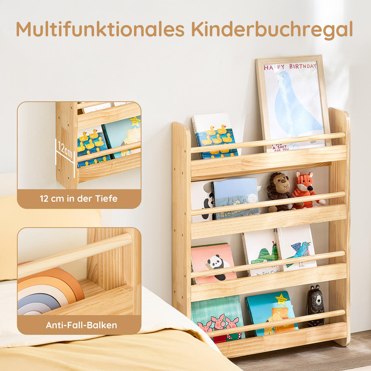 BÜCHERREGAL für Kinder mit 4 Ablagen, Kiefer - Naturfarben, Holz (60/80/12cm) - SoBuy