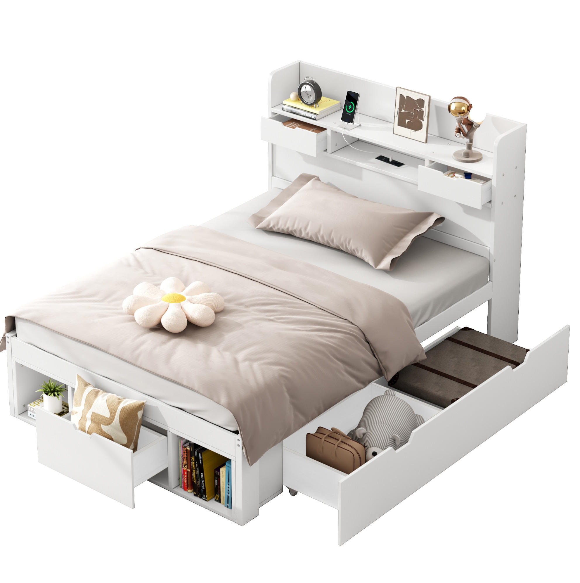 DETSKÁ posteľ 90/190 cm biela s USB, zásuvkami a úložným priestorom z MDF - biela, kompozitné drevo (90/190cm) - OKWISH