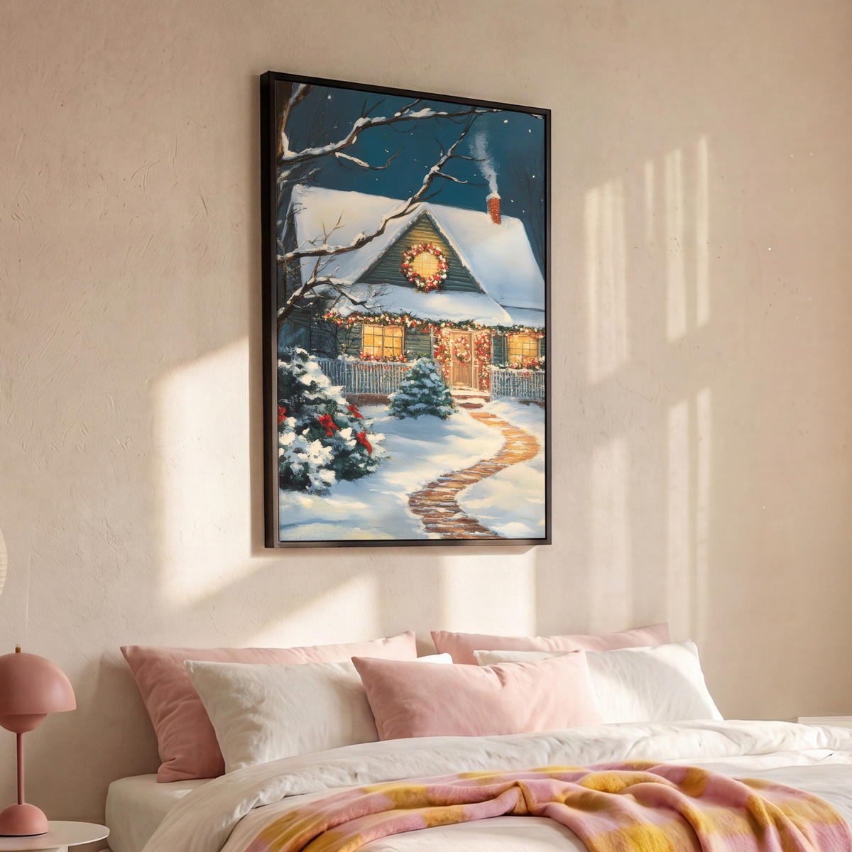 LEINWAND Bilder mit Rahmen - Weihnachten - Weihnachtsbaum - Winter - Zuhause - Schnee - 90x140 - Smaragdgrün, Textil (90/140cm) - MuchoWow