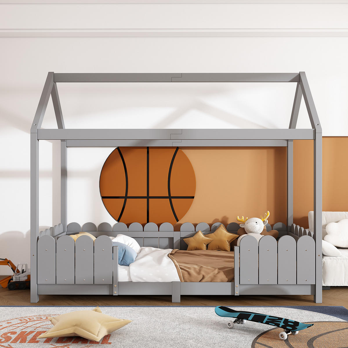 HAUSBETT 90/200 cm grau mit Rausfallschutz und Lattenrost - Grau, Holz (90/200cm) - OKWISH