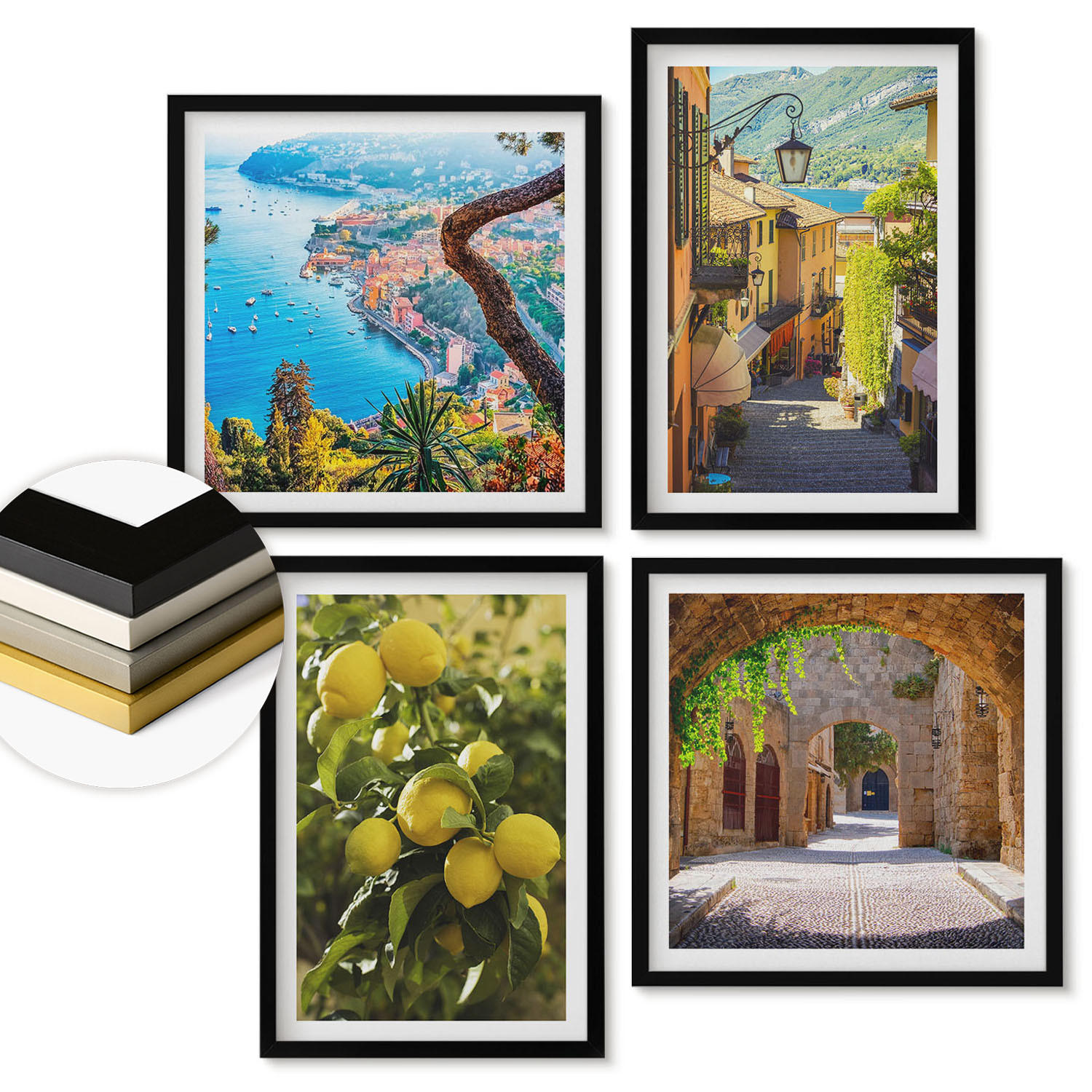 WANDBILDER 4er-Set - 50x50 cm & 40x60 cm Schwarzer Rahmen - Straßen am Meer, ein Meer aus Zitronen - Schwarz, Kunststoff (50/50cm) - ArtPrintCave