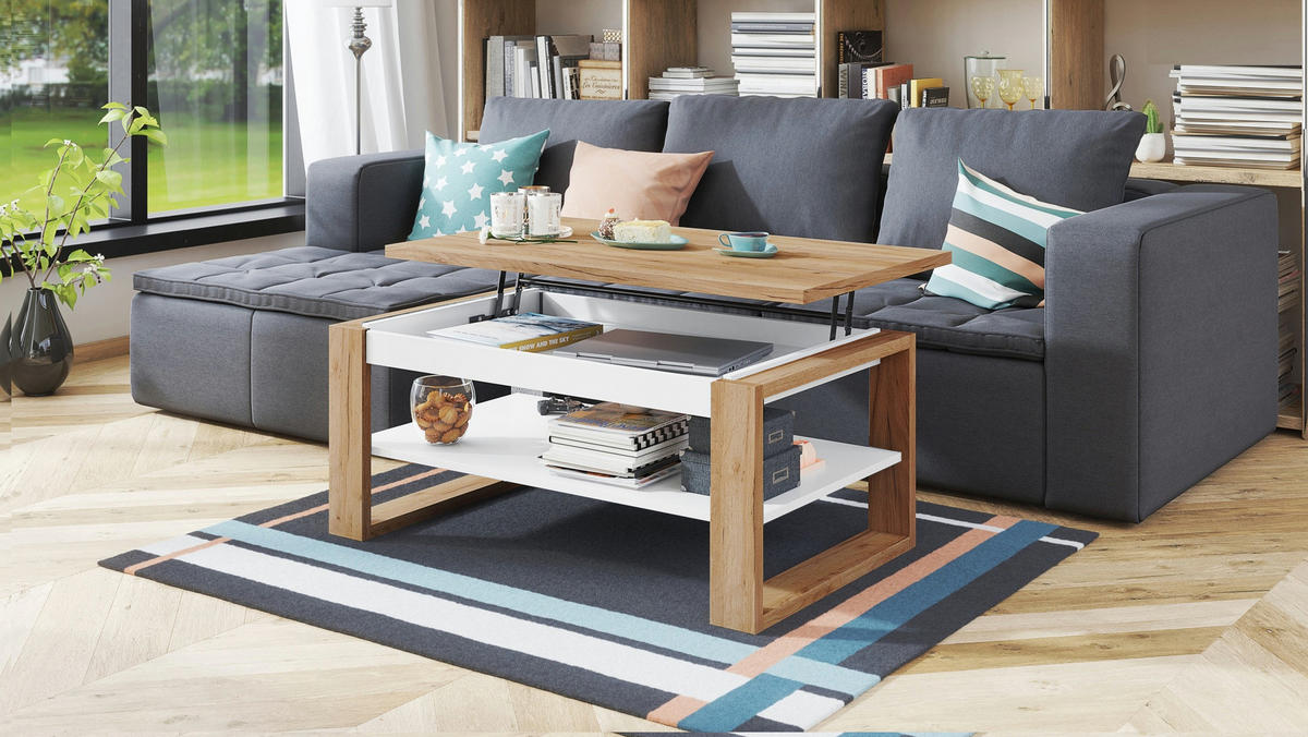 COUCHTISCH rechteckig Eiche Gold - Weiß aufklappbar 110/65/50 cm - Eichefarben/Weiß, Holzwerkstoff (65/110/50cm) - designimpex