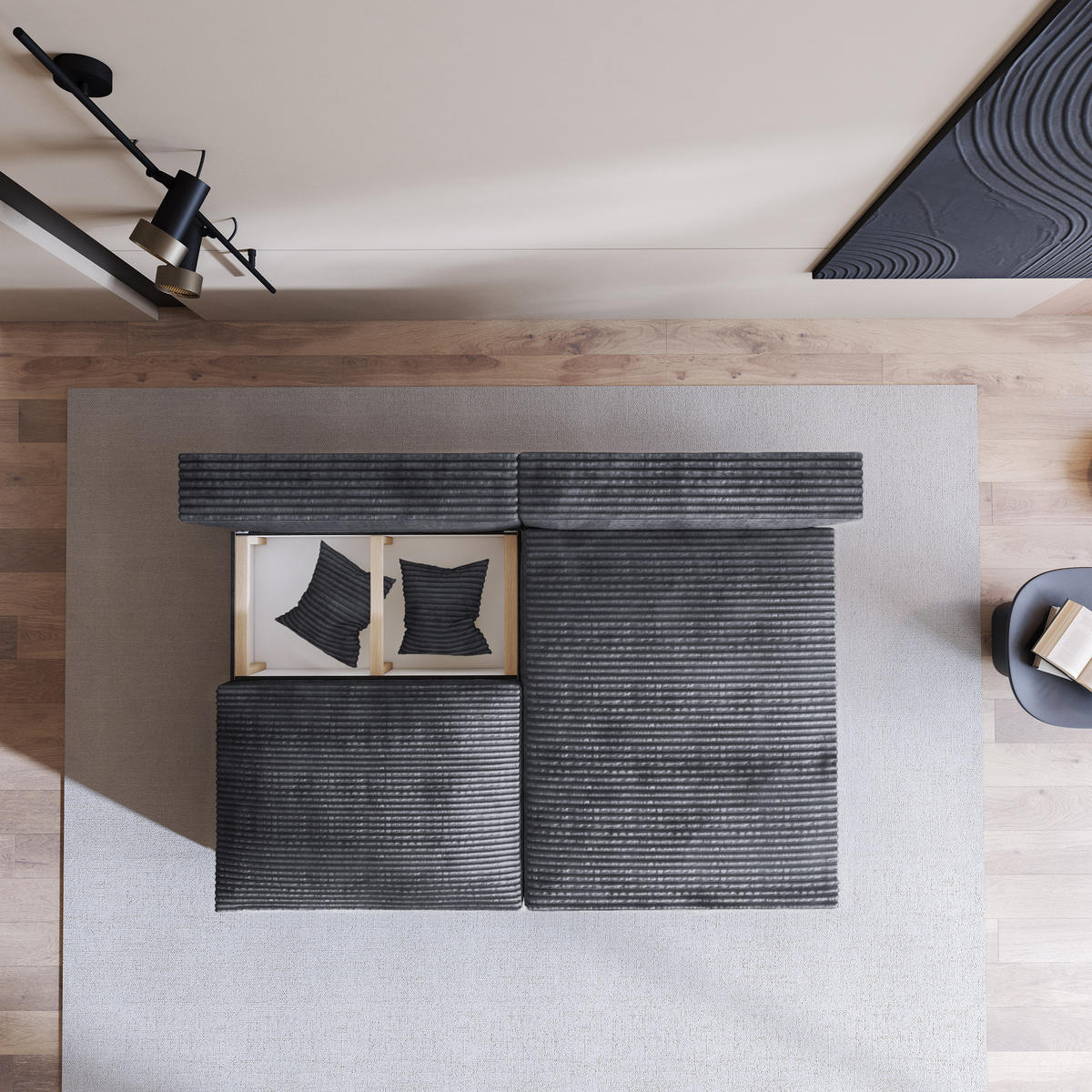 ECKSOFA FIORO Graphitfarben Kordstoff mit Schlaffunktion - Graphitfarben, Holz (204/148cm) - MASSENO