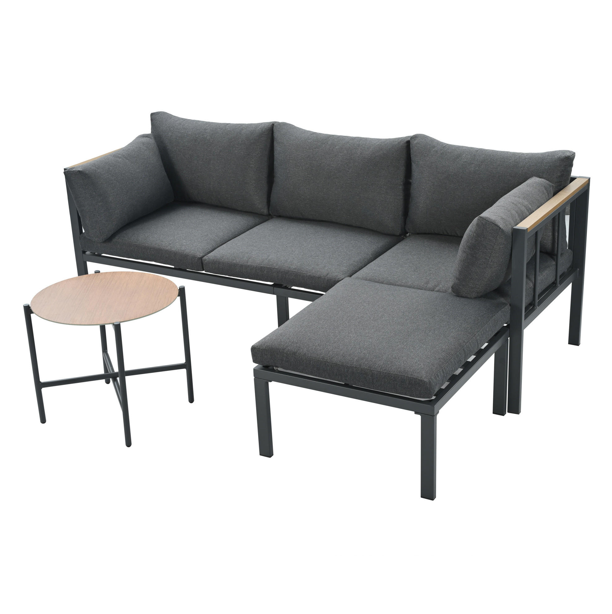 GARTENMÖBEL-SET mit Couchtisch und Hocker, verzinkter Stahlrahmen und Glastischplatte, Grau - Grau, Textil - Redom