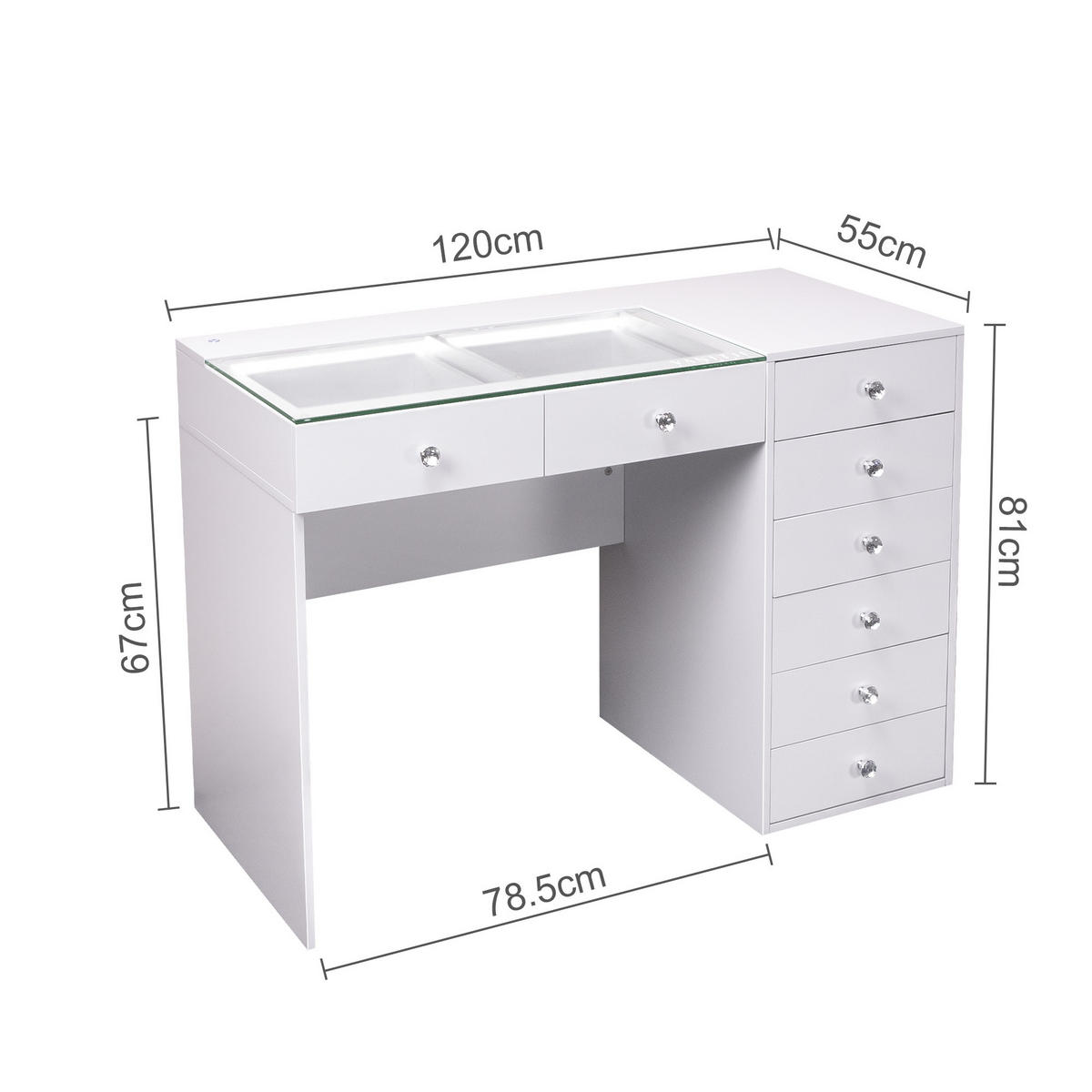SCHMINKTISCH mit 8 Schubladen 120/55/81 CM und LED Beleuchtung Schminkspiegel Lichtleiste weiß 58/46 cm - Weiß, Holz (55/81/120cm) - VANITII
