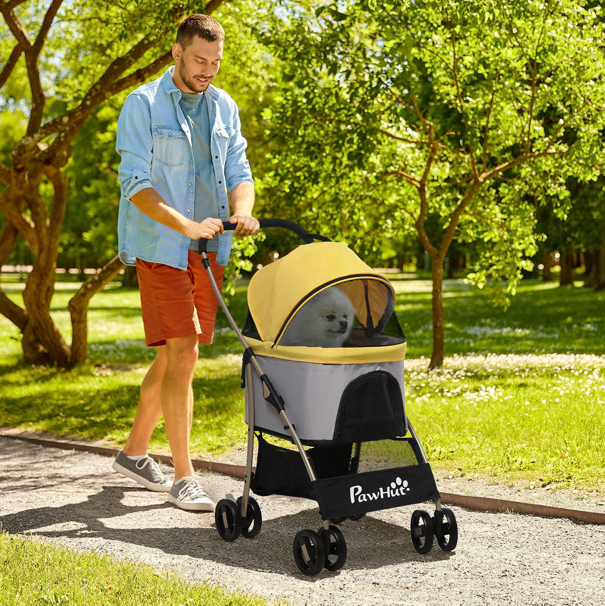 HUNDEWAGEN 2-in-1 faltbar, Gelb, mit Tragetasche und 4 Rädern - Gelb, Textil (49.5/98/82cm) - BEAOK