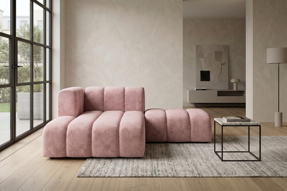 CHAISELONGUE Modulare Mit Hocker, Velvet-Stoff Riviera, Hellrosa, Links, GRAND - Hellrosa, Holz (204/179cm) - Kaiser Möbel