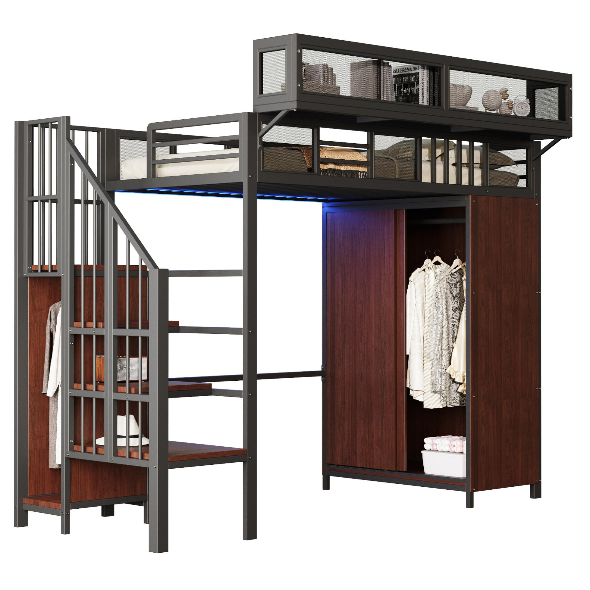 HOCHBETT 90/200 cm Schwarz mit Kleiderschrank, Stauraumleiter und LED-Beleuchtung - Schwarz, Metall (90/200cm) - Flora Grace