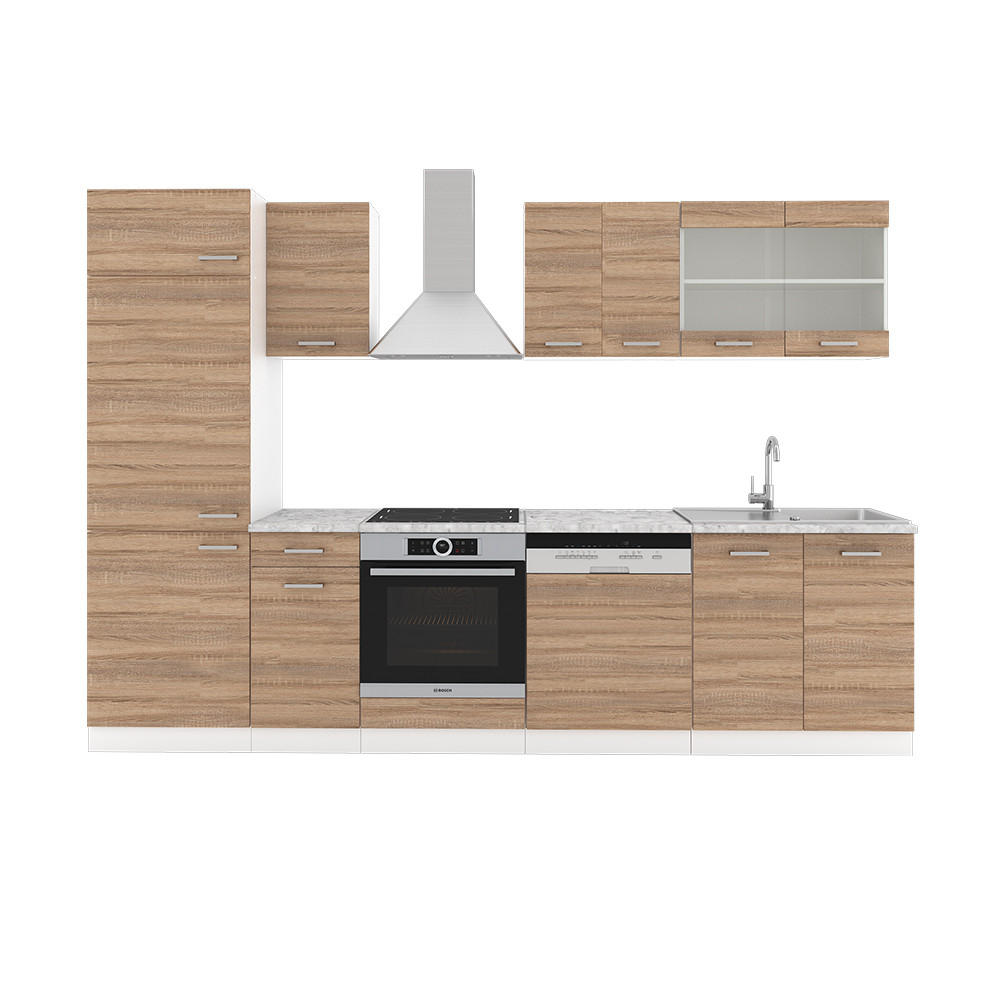KÜCHE R-Line Sonoma 300 cm, AP Marmor - Weiß/Sonoma Eiche, Holzwerkstoff (300/81.6/60cm) - Vicco