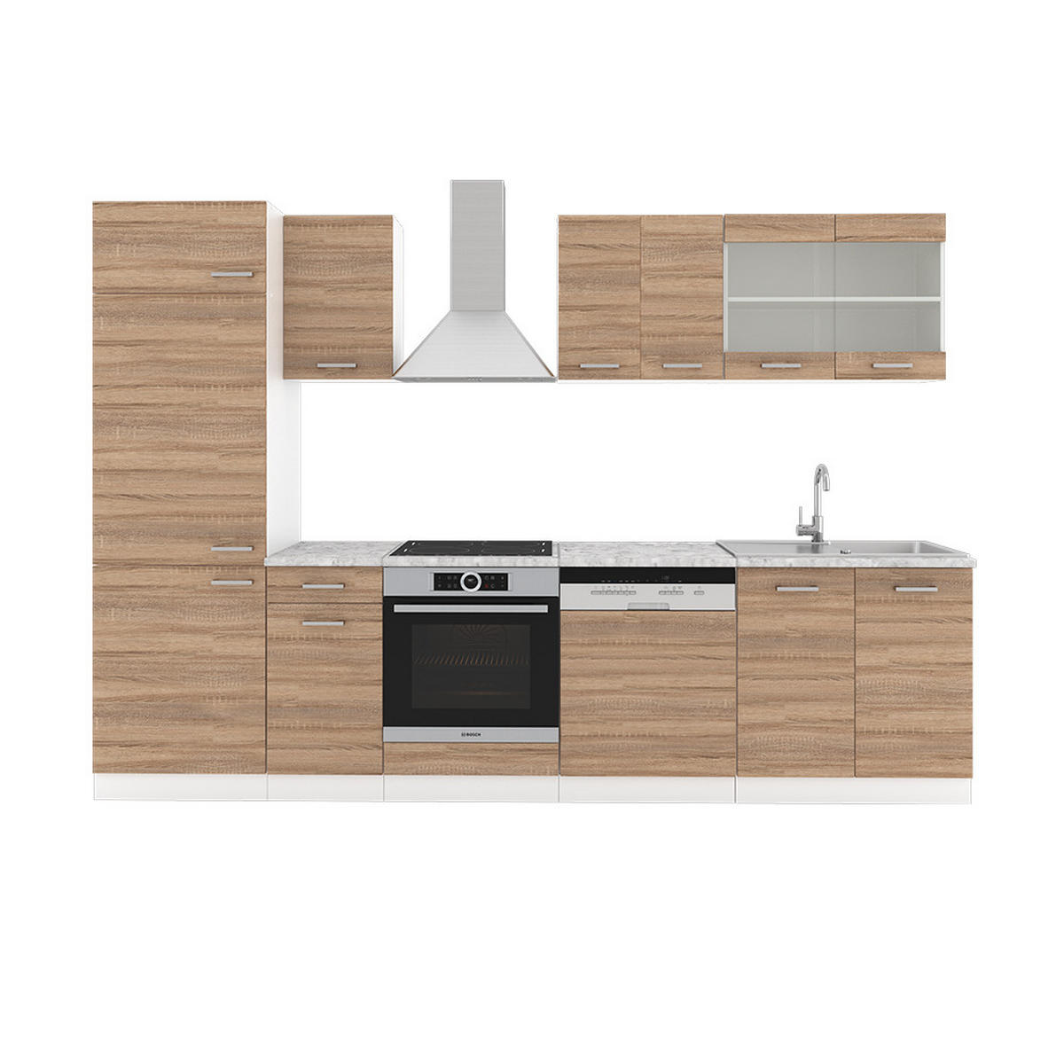 KÜCHE R-Line Sonoma 300 cm, AP Marmor - Weiß/Sonoma Eiche, Holzwerkstoff (300/81.6/60cm) - Vicco