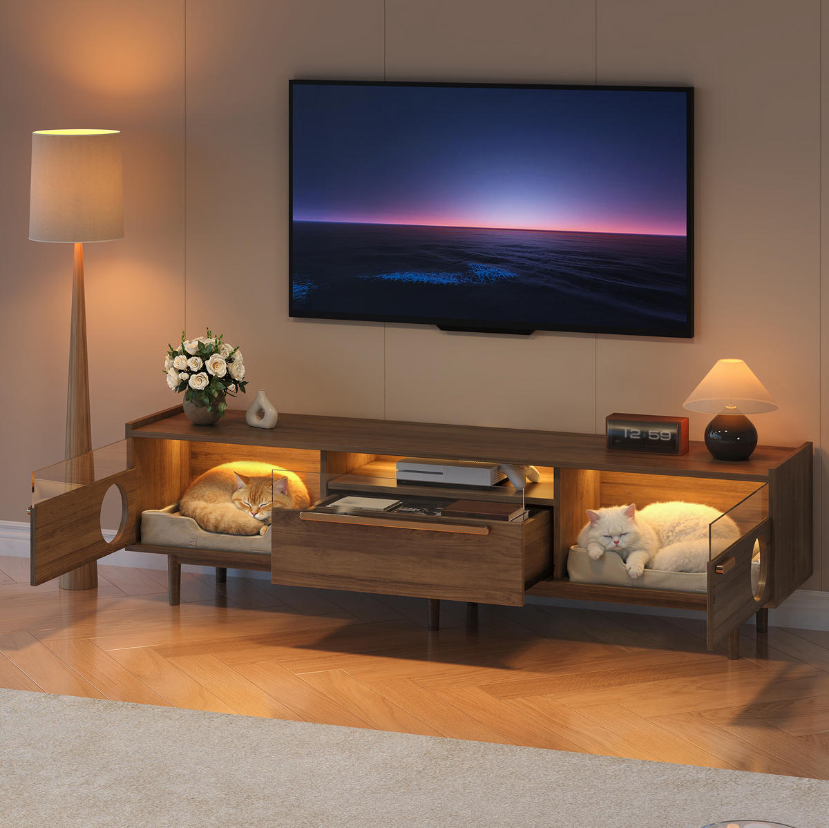 LOWBOARD 180/40/50 cm Walnussfarben aus MDF und gehärtetem Glas mit LED-Beleuchtung und Katzenruheraum - Walnussfarben, Holzwerkstoff (40/50/180cm) - OKMYHOME