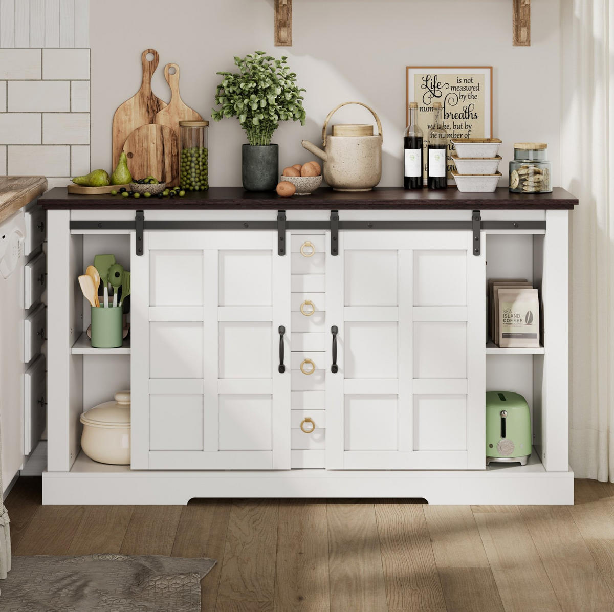 SIDEBOARD aus MDF 150x40x85 cm Weiß mit Schiebetüren, 4 Schubladen und verstellbaren Einlegeböden - Weiß, Holzwerkstoff (150/85/40cm) - Modfu