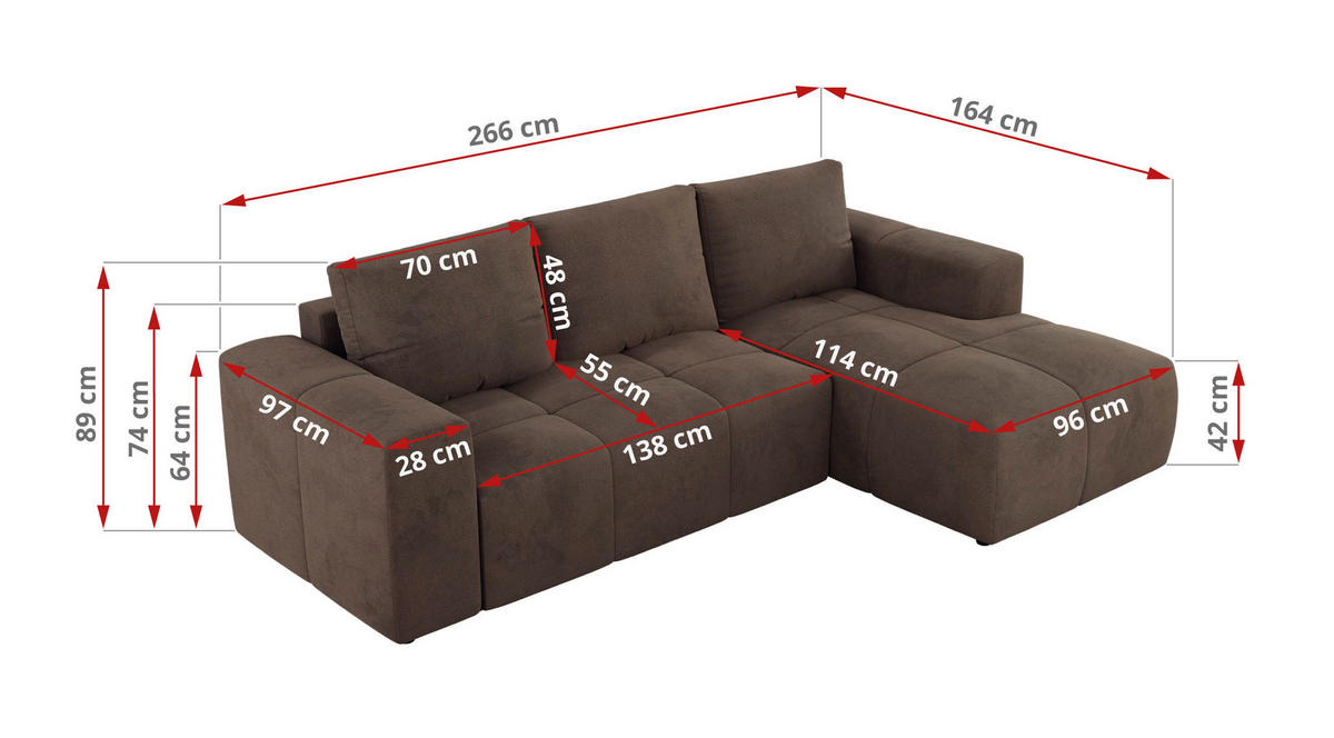 ECKSOFA MONIVA Braun Velvet - Rechts - Schwarz/Braun, Textil (266/164cm) - MKS