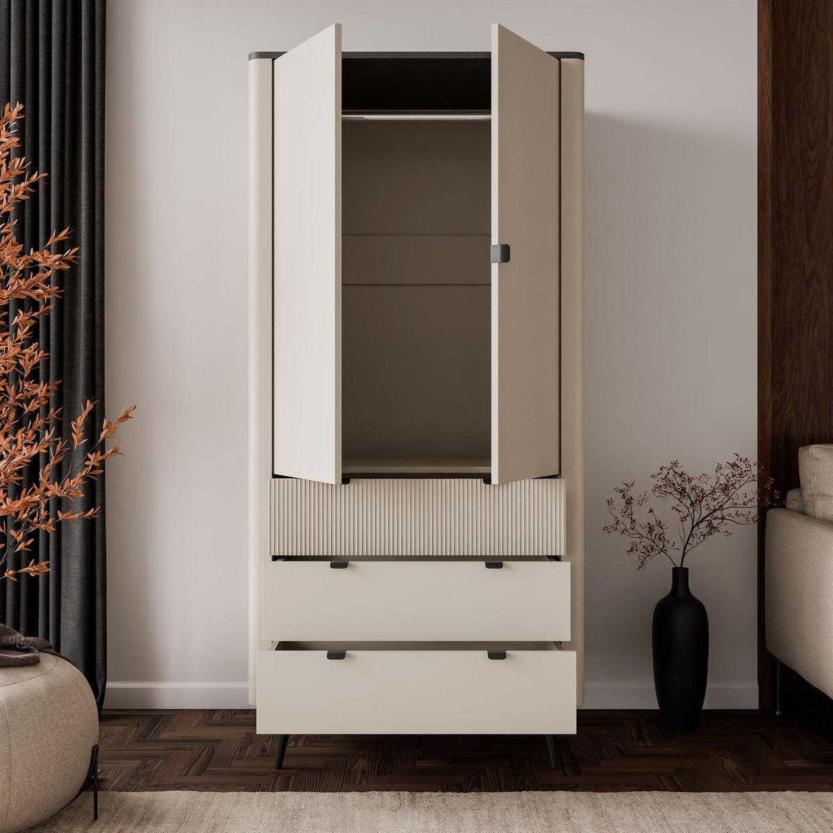 KLEIDERSCHRANK AUTUMN 2D3S zweitürig mit Schubladen, Kaschmir / Grauer Stein - Beige/Grau, Holzwerkstoff (90/191/40cm) - Lookway