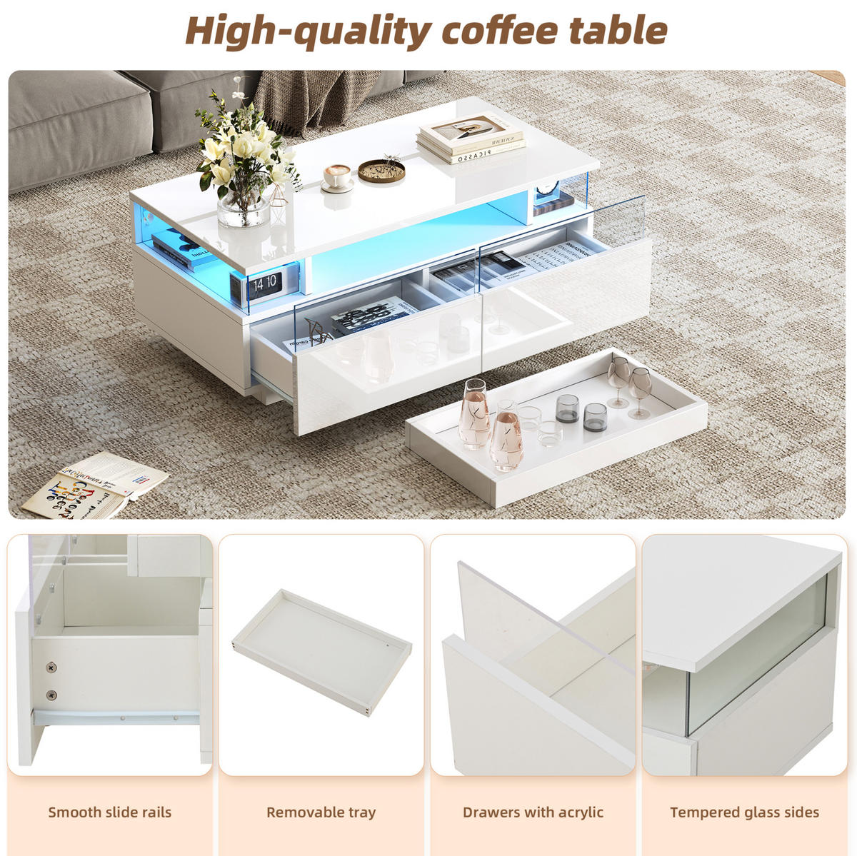 COUCHTISCH 90/45/35.5 cm Weiß aus Spanplatte mit LED und 2 Schubladen - Weiß, Holzwerkstoff (90/45/35.5cm) - OKMYHOME