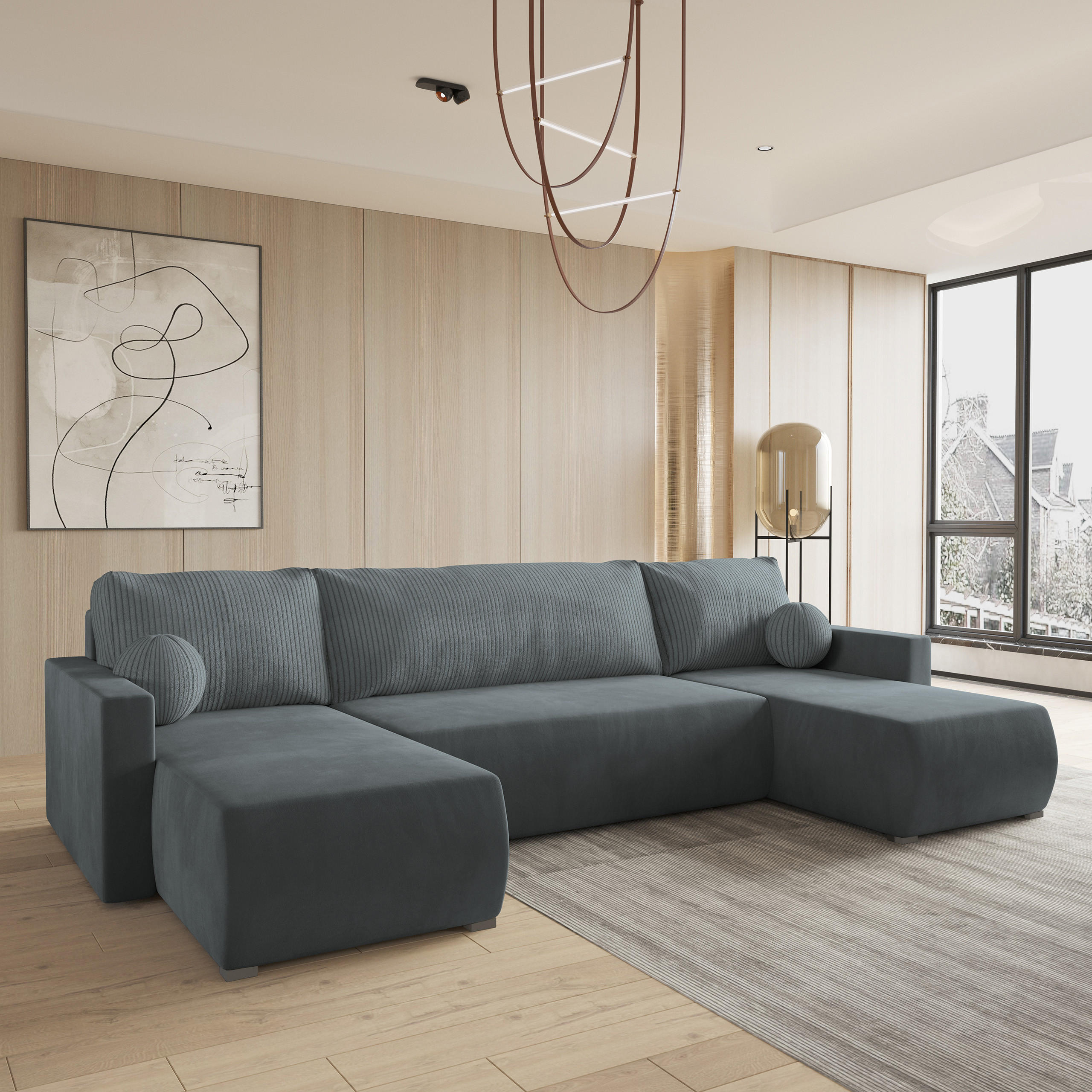 WOHNLANDSCHAFT TESSUN Grau Plüsch-Stoff mit Schlaffunktion - Grau, Holz (286/85/143cm) - MASSENO