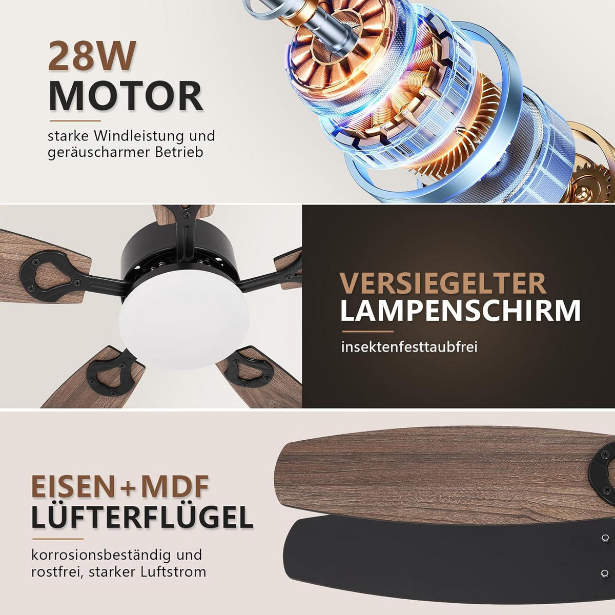 DECKENVENTILATOR mit Beleuchtung Ularen 112/15/40 cm - Schwarz, Metall (112/15/40cm) - ZMH