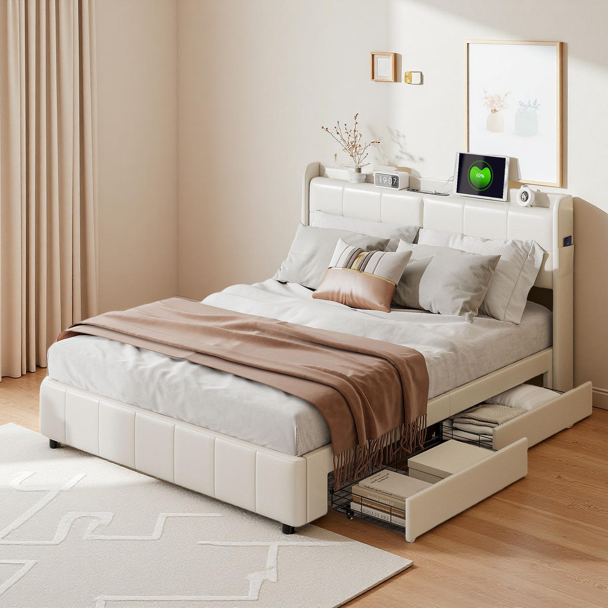 POLSTERBETT 160x200 cm Lattenrost USB Schublade PU Leder weiß - Weiß, Holz (160/200cm) - LEBENLANG