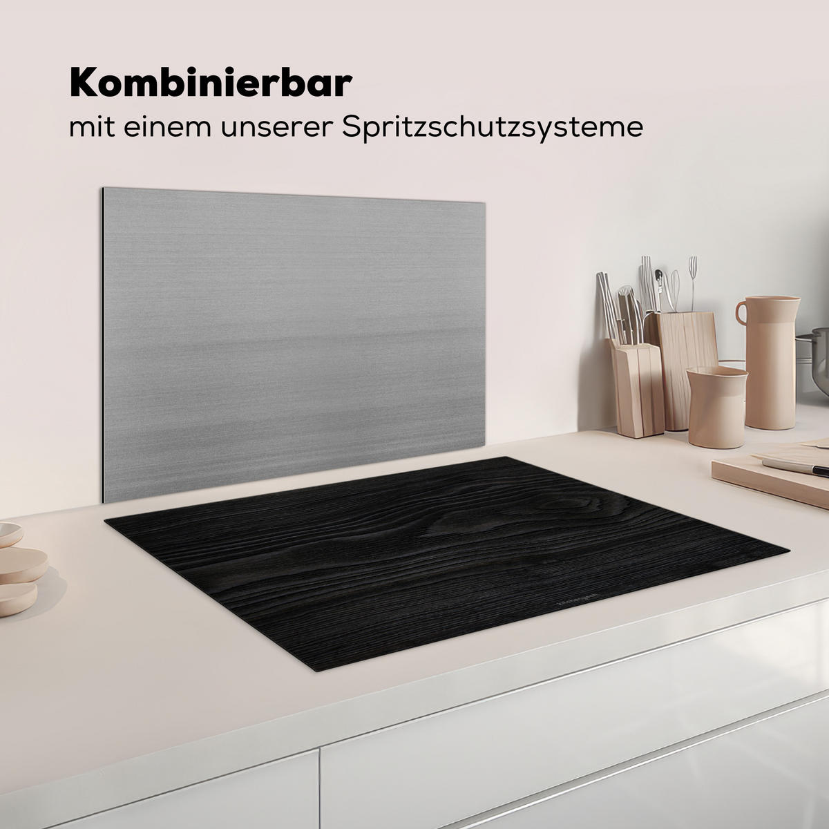 HERDABDECKPLATTE Schwarz - Holzoptik Herdabdeckung Induktionsfeld 75x52 cm - Schwarz, Kunststoff (75/52/0.2cm) - MuchoWow