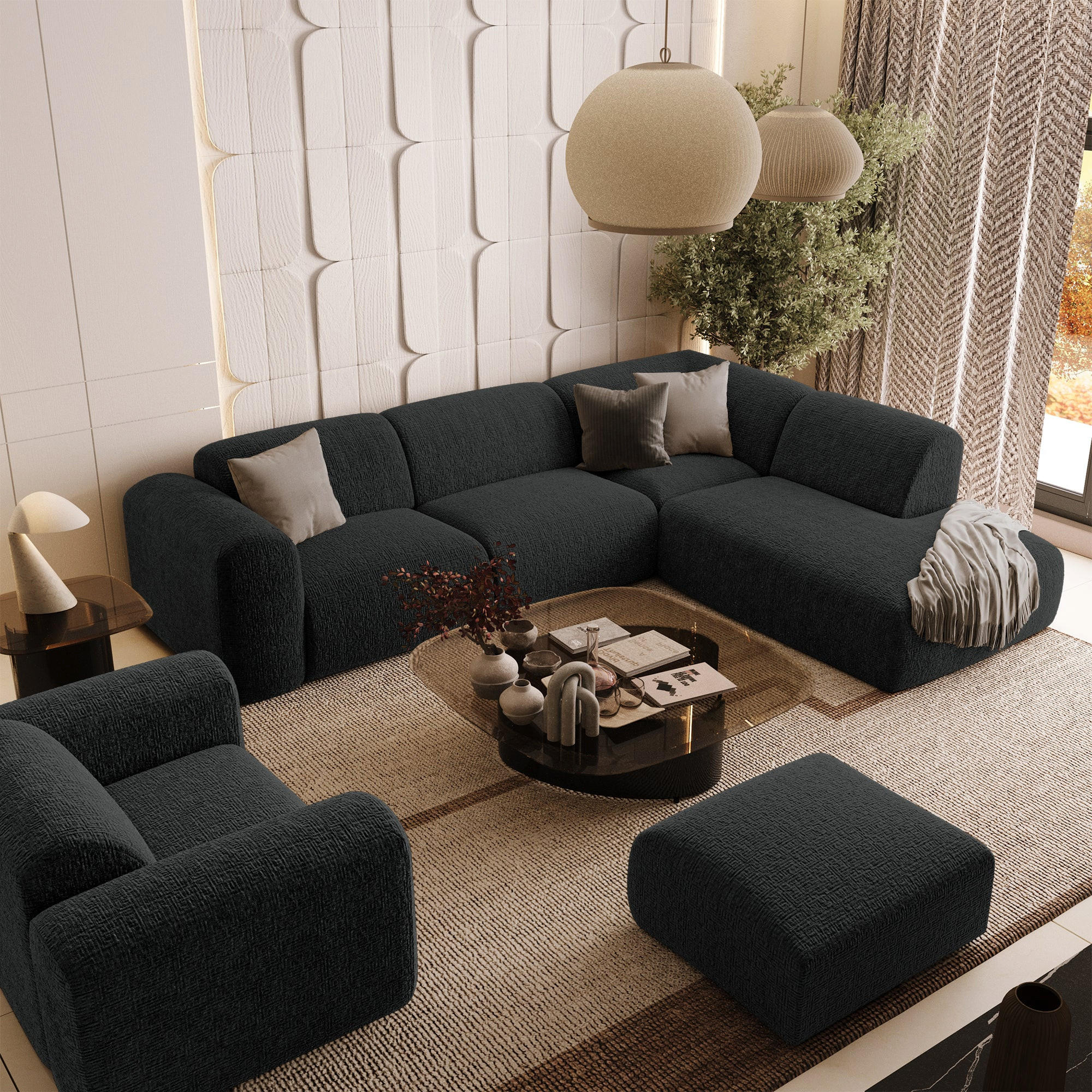 ECKSOFA RECHTS Gemusterter Samt Schwarz 269cm - Schwarz, Textil (269/221cm) - Sia Home