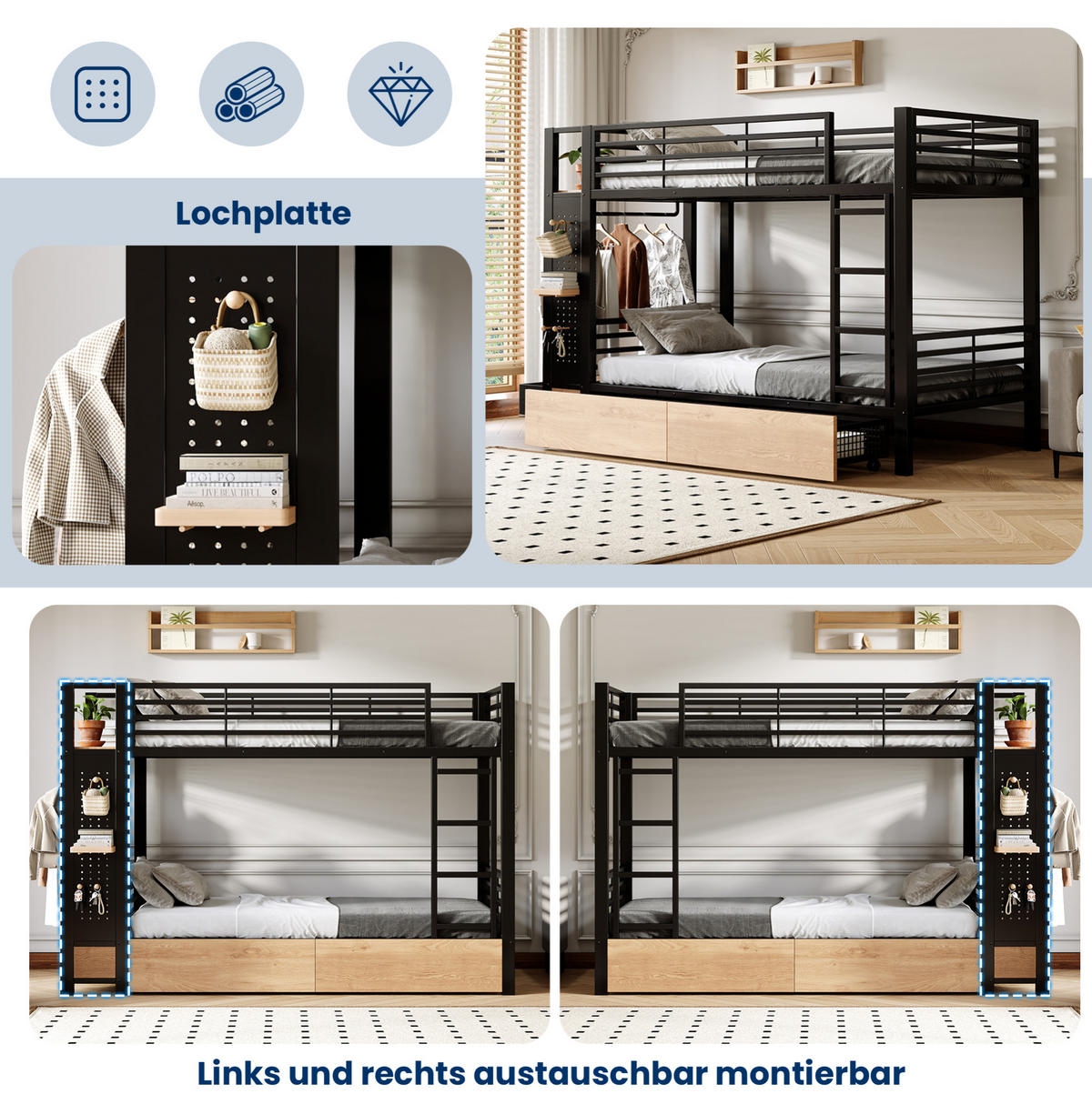 ETAGENBETT aus Metall und MDF 90x200 cm Schwarz mit LED-Beleuchtung, Schubladen und Stauraum - Schwarz, Holzwerkstoff (90/200cm) - Modfu