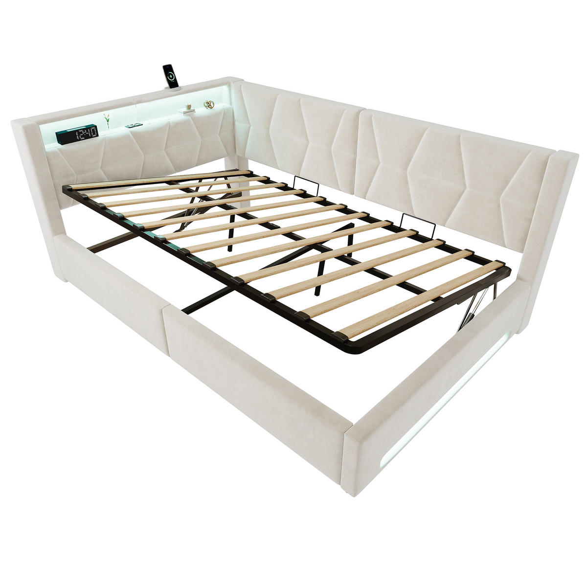 BOXBETT 140/200cm, LED/USB-C, Bettkasten, Lattenrost, Beige - Beige, Holz/Metall (140/200cm) - LVHOM