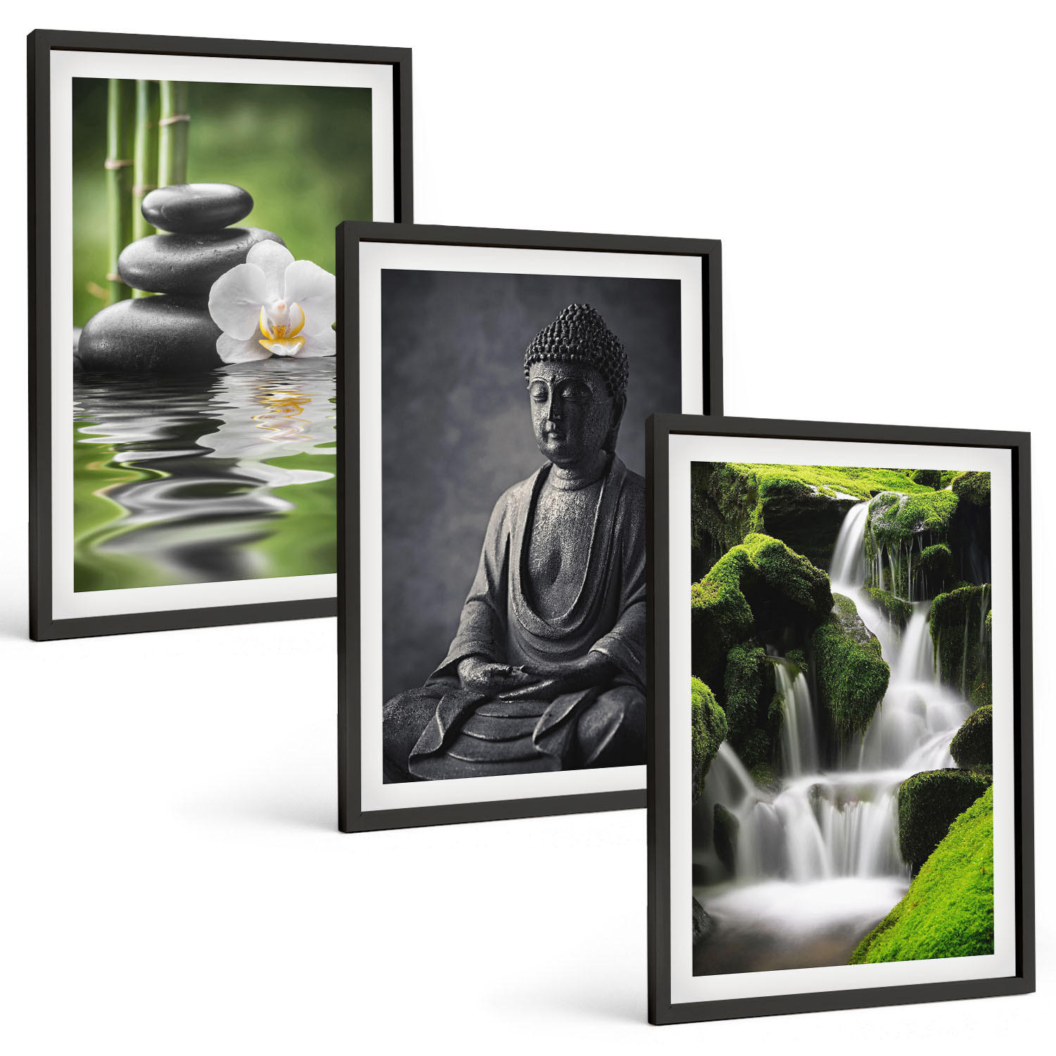 BILDER SET 3er Set - 40x60 cm Schwarzer Rahmen - Entspannende Zen-Wassermalerei - Schwarz, Kunststoff (40/60cm) - TULUP