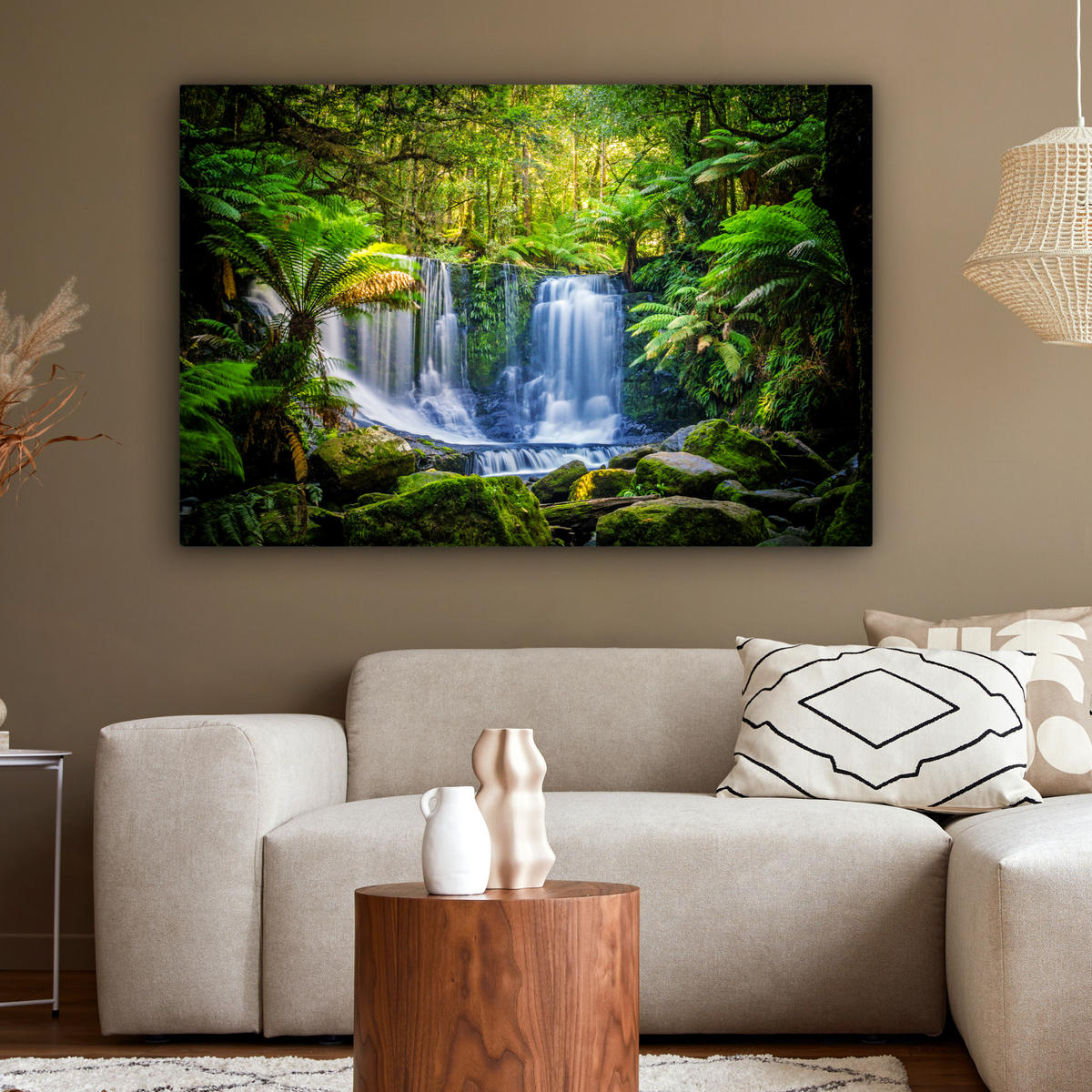 LEINWANDBILD Dschungel - Wasserfall - Australien - Pflanzen - Natur Wohnzimmer 120x80 cm - Dunkelgrün, Textil (120/80cm) - MuchoWow