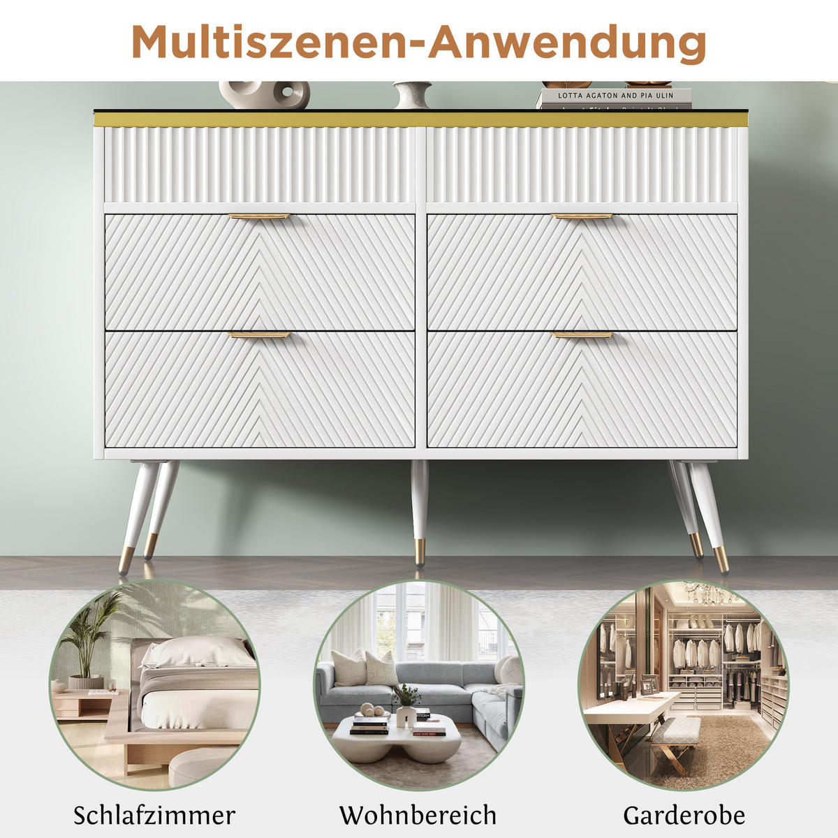 KÜCHENBUFFET mit 6 Schubladen und Glaselementen, 120 x 40 x 76 cm, Weiß, Glas, Spanplatte - Weiß, Holzwerkstoff (120/76/40cm) - SONNENH