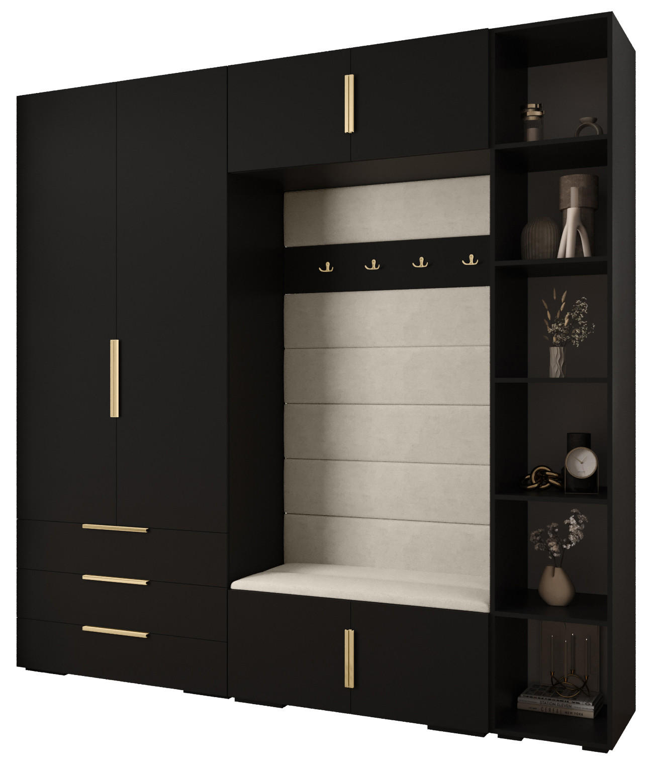 Abiks Möbel Garderoben-Set Schwarz, Beige, Gold 240x236.7x47 cm