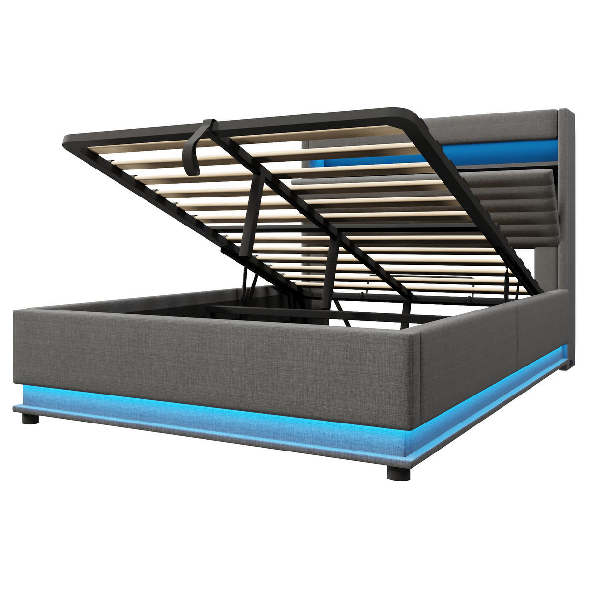 POLSTERBETT 140/200 cm mit LED-Beleuchtung, USB- und Typ-C-Anschluss, hydraulischem Stauraum, Leinen, Grau - Grau, Textil (140/200cm) - Redom